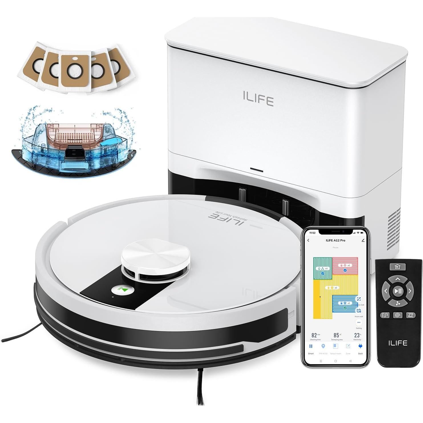 ILIFE A12 Pro Robot Vacuum and Mop Combo, Self Emptying Robot Vacuum Cleaner + A12 Pro Replacement Dust Bags, 5 Pack Included