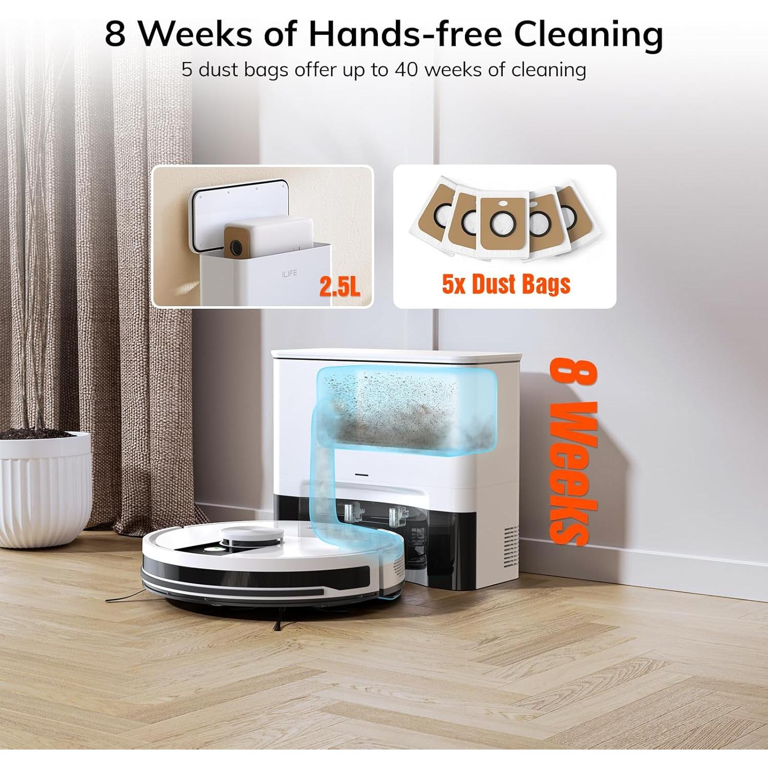 ILIFE A12 Pro Robot Vacuum and Mop Combo, Self Emptying Robot Vacuum Cleaner + A12 Pro Replacement Dust Bags, 5 Pack Included