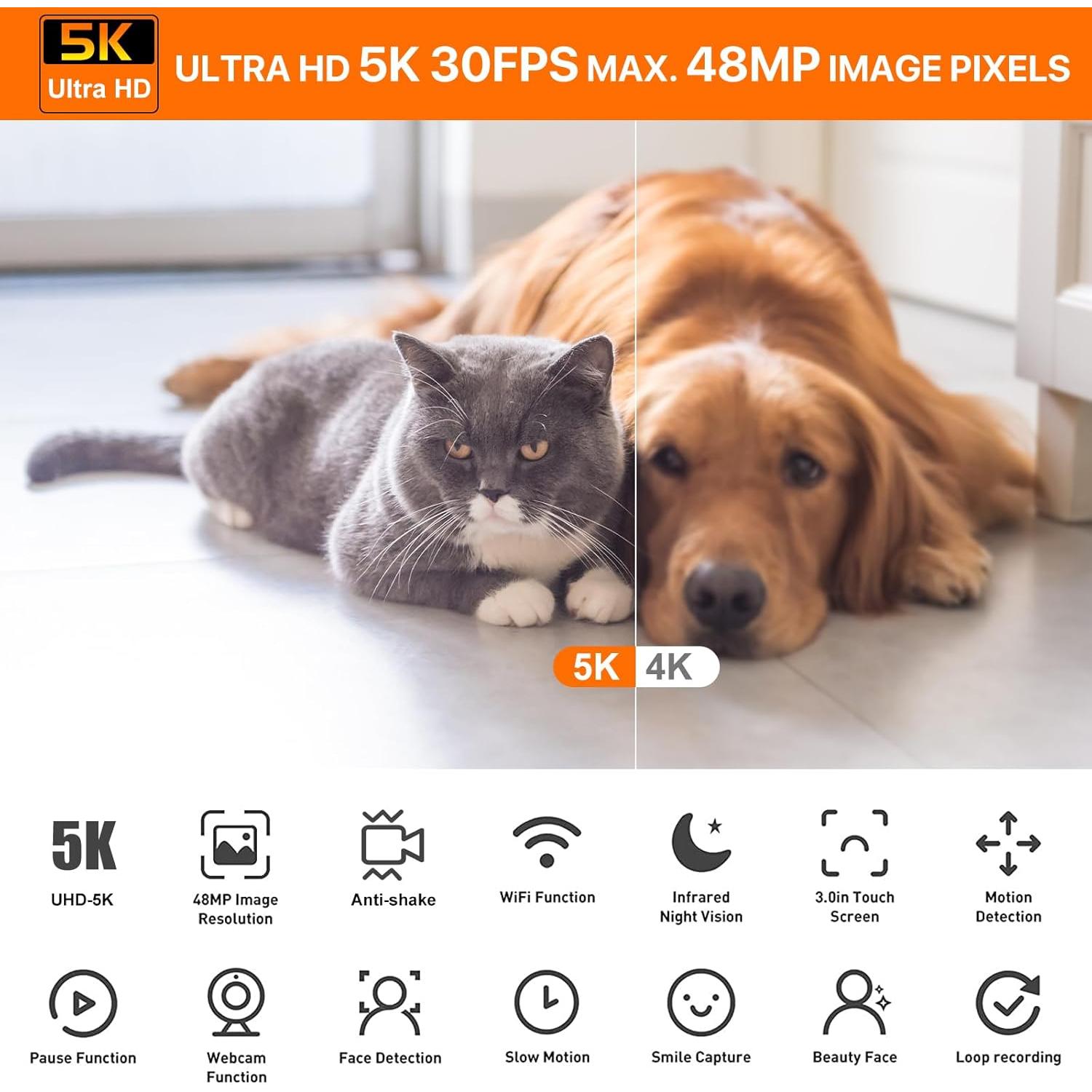 Cámara de Video 5K NINIVISION 48MP WiFi Pantalla Táctil 3"