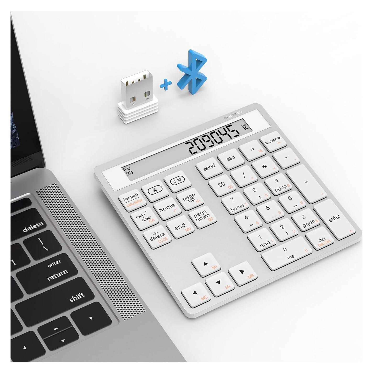 Bluetooth Number Pad - 2.4G Wireless Numeric Keypad with Display Calculator - Wireless Number Pad Slim 34-Key Portable Financial Accounting Numpad Data Entry &Calculation 2in1 for Laptop Desktop White