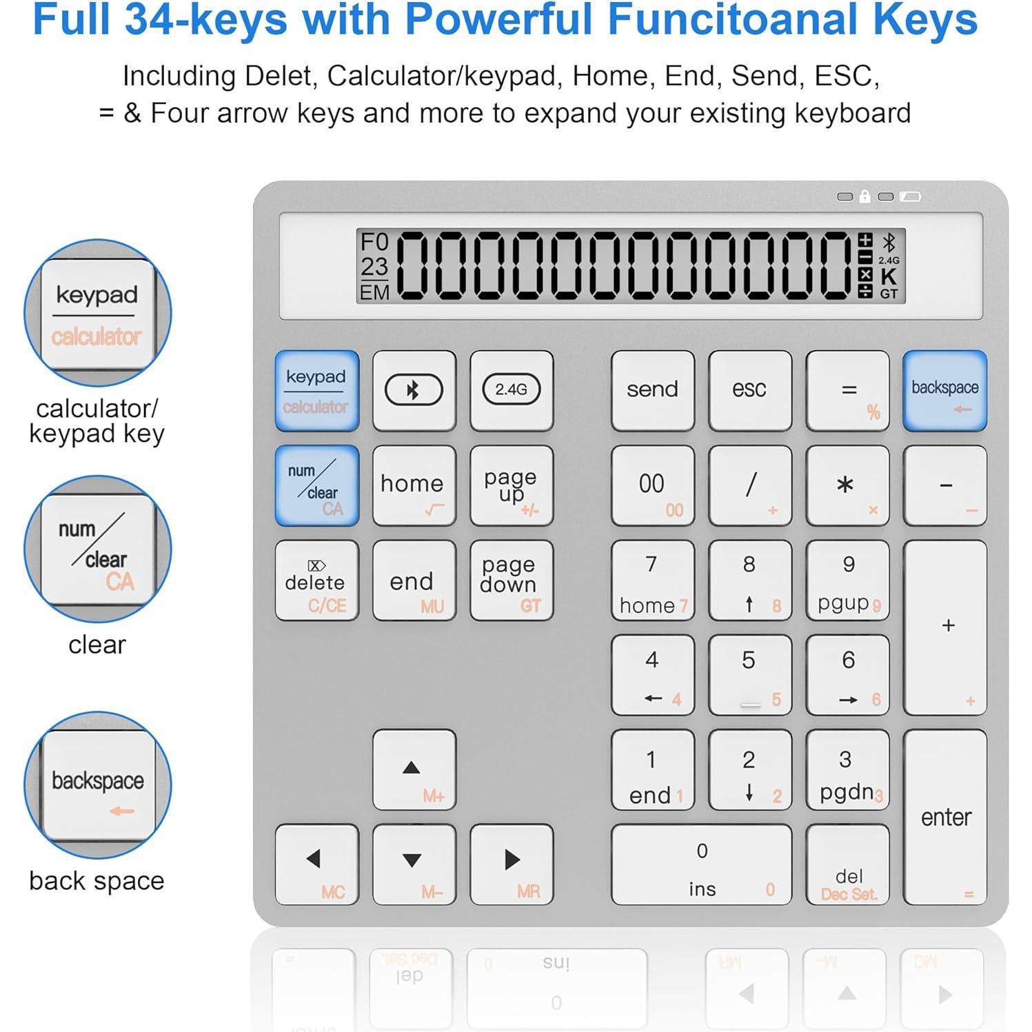 Bluetooth Number Pad - 2.4G Wireless Numeric Keypad with Display Calculator - Wireless Number Pad Slim 34-Key Portable Financial Accounting Numpad Data Entry &Calculation 2in1 for Laptop Desktop White