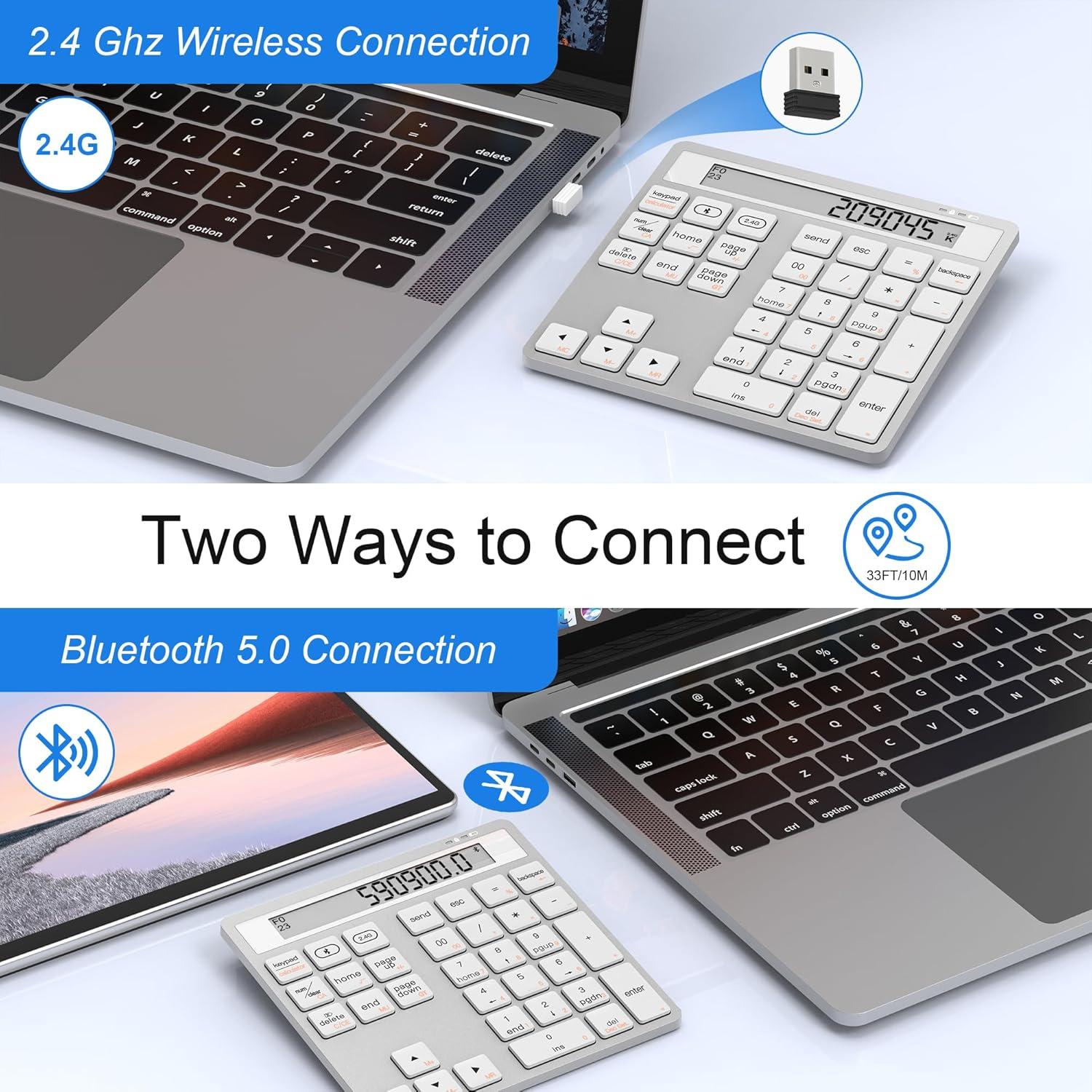 Bluetooth Number Pad - 2.4G Wireless Numeric Keypad with Display Calculator - Wireless Number Pad Slim 34-Key Portable Financial Accounting Numpad Data Entry &Calculation 2in1 for Laptop Desktop White