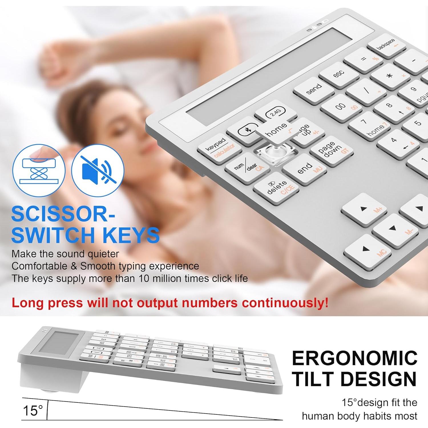 Bluetooth Number Pad - 2.4G Wireless Numeric Keypad with Display Calculator - Wireless Number Pad Slim 34-Key Portable Financial Accounting Numpad Data Entry &Calculation 2in1 for Laptop Desktop White