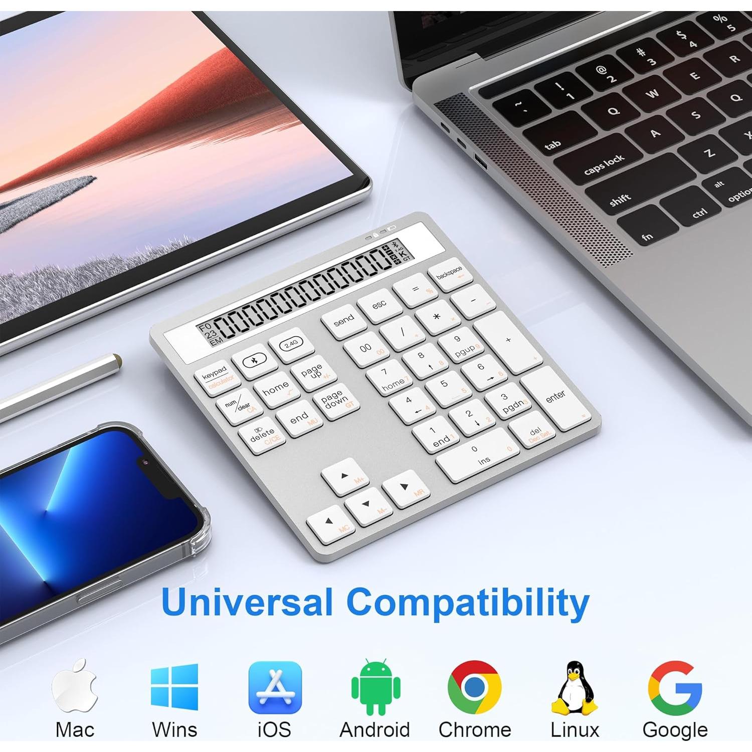 Bluetooth Number Pad - 2.4G Wireless Numeric Keypad with Display Calculator - Wireless Number Pad Slim 34-Key Portable Financial Accounting Numpad Data Entry &Calculation 2in1 for Laptop Desktop White