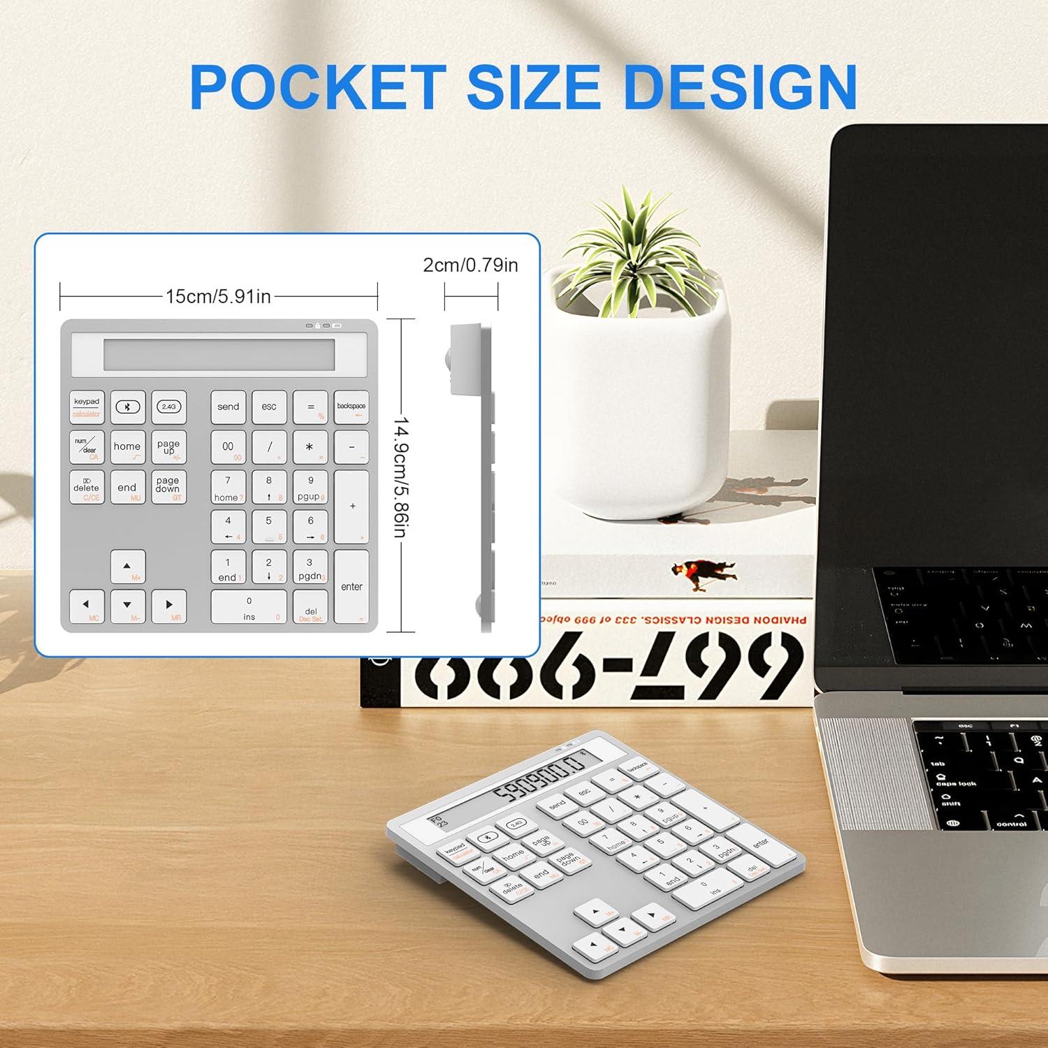 Bluetooth Number Pad - 2.4G Wireless Numeric Keypad with Display Calculator - Wireless Number Pad Slim 34-Key Portable Financial Accounting Numpad Data Entry &Calculation 2in1 for Laptop Desktop White