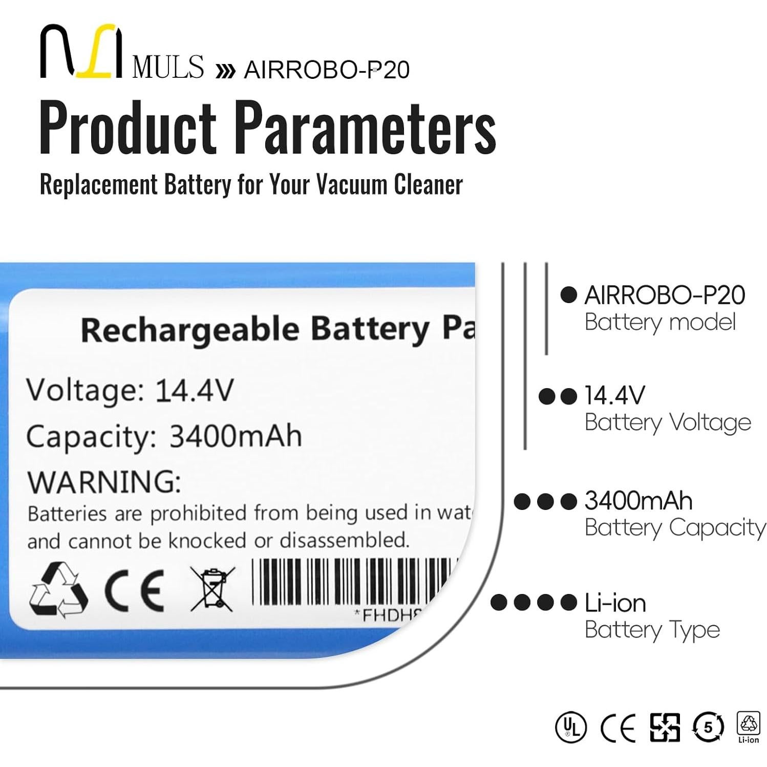 Batería Recargable MULS 3400mAh 14.4V para AIRROBO P20