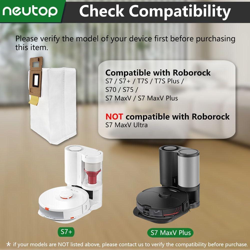 Neutop Disposable Dust Bags Compatible with Roborock S7, S7+, T7S Plus, S70, S75, S7 MaxV Plus, Robot Vacuum Cleaner, Auto-Empty Dock Replacement Parts Accessories,12-Pack.