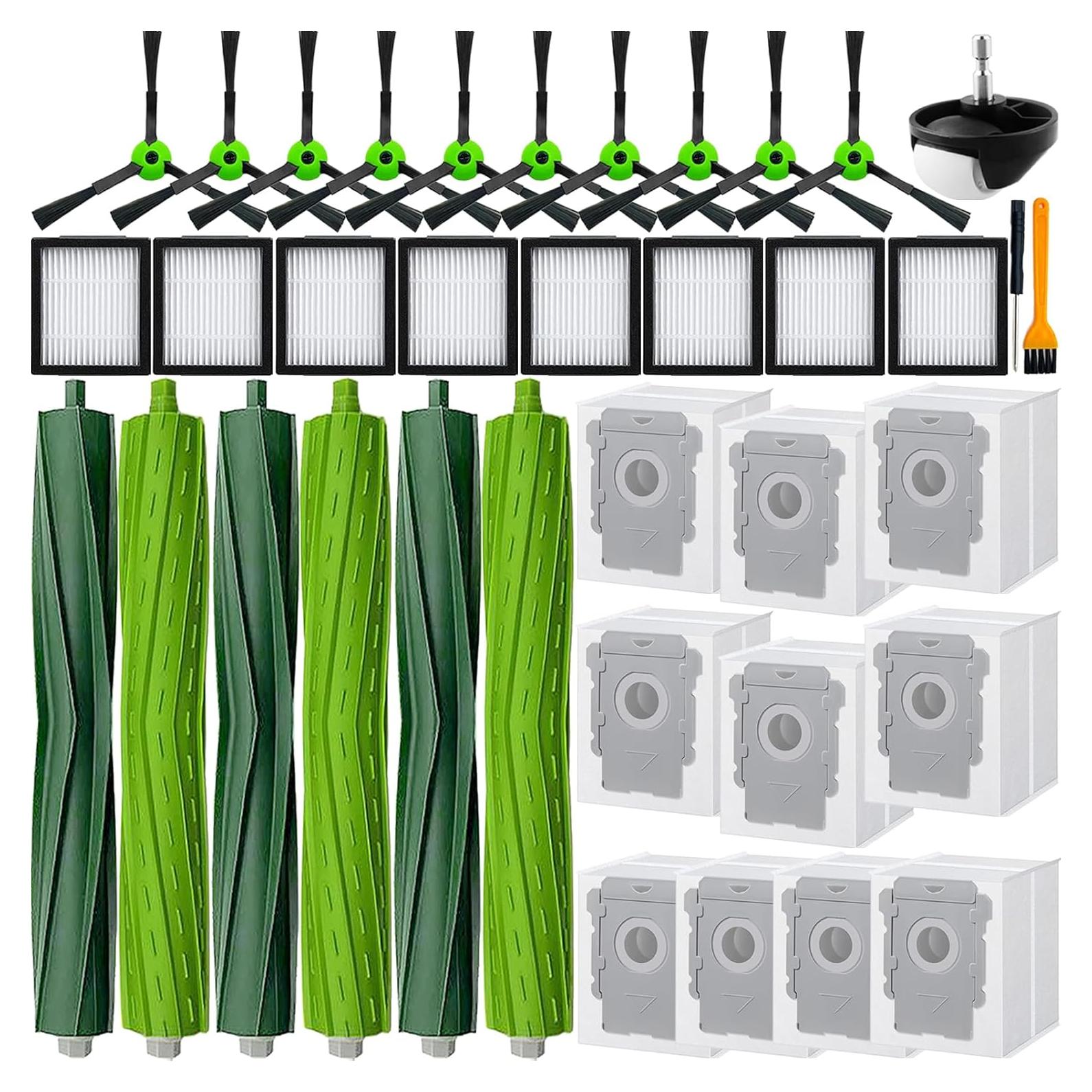 Replacement Parts accessories for Roomba i3 i3+ i4 i6 i6+ i7 i7+ i8 i8+/Plus E5 E6 E7 I,E &J Series Vacuum Cleaner,3 Set Roller Brushes 8 HEPA Filters 10 Side Brushes 1 caster wheel 10 vacuum bag