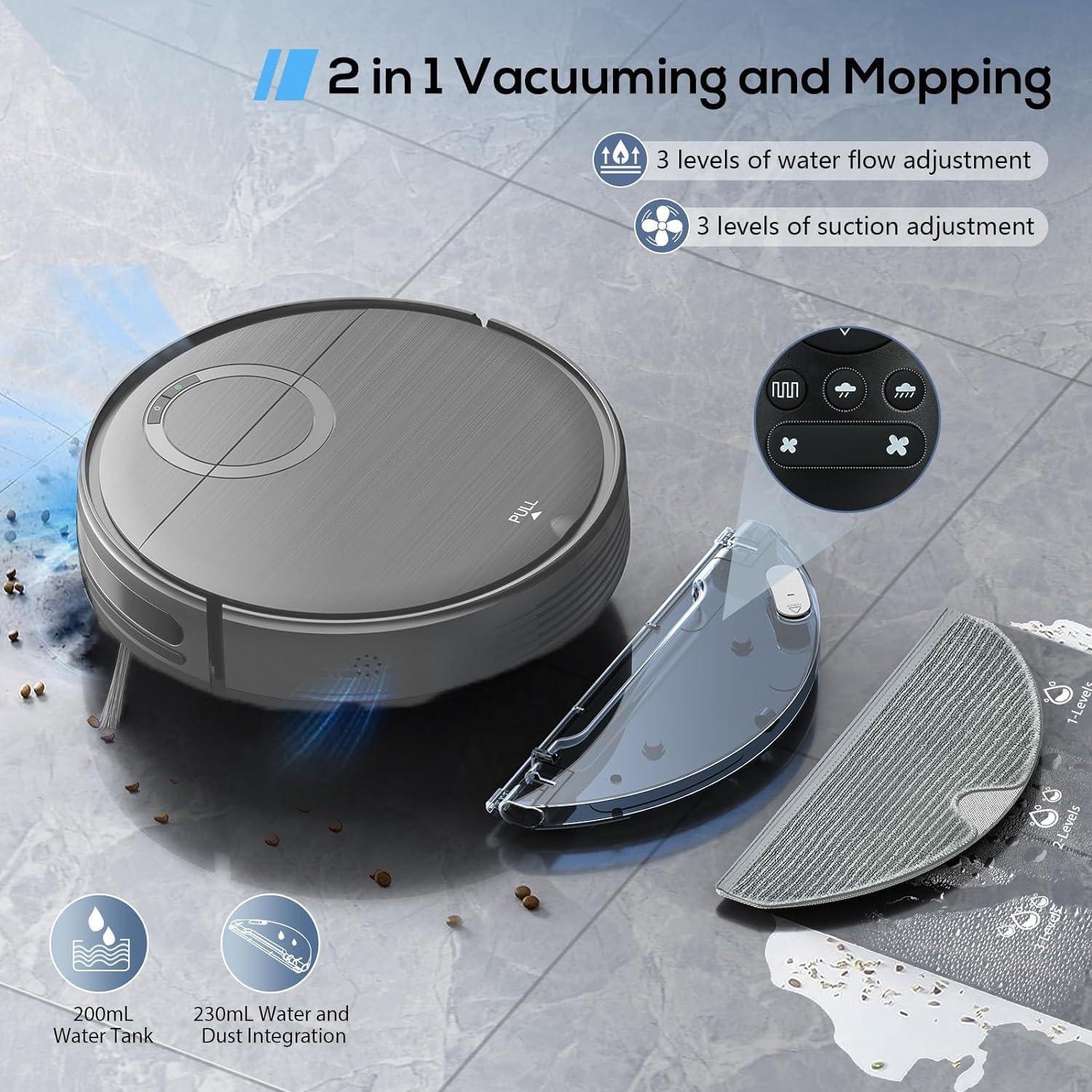 MAMNV Robot Vacuum and Mop Combo, 2 in 1 Mopping Robotic Vacuum Cleaner with Max Suction 2000Pa, Schedule, Wi-Fi/App/Remote, Self-Charging, Slim, Ideal for Pet Hair, Low-Pile Carpet, Hard Floor