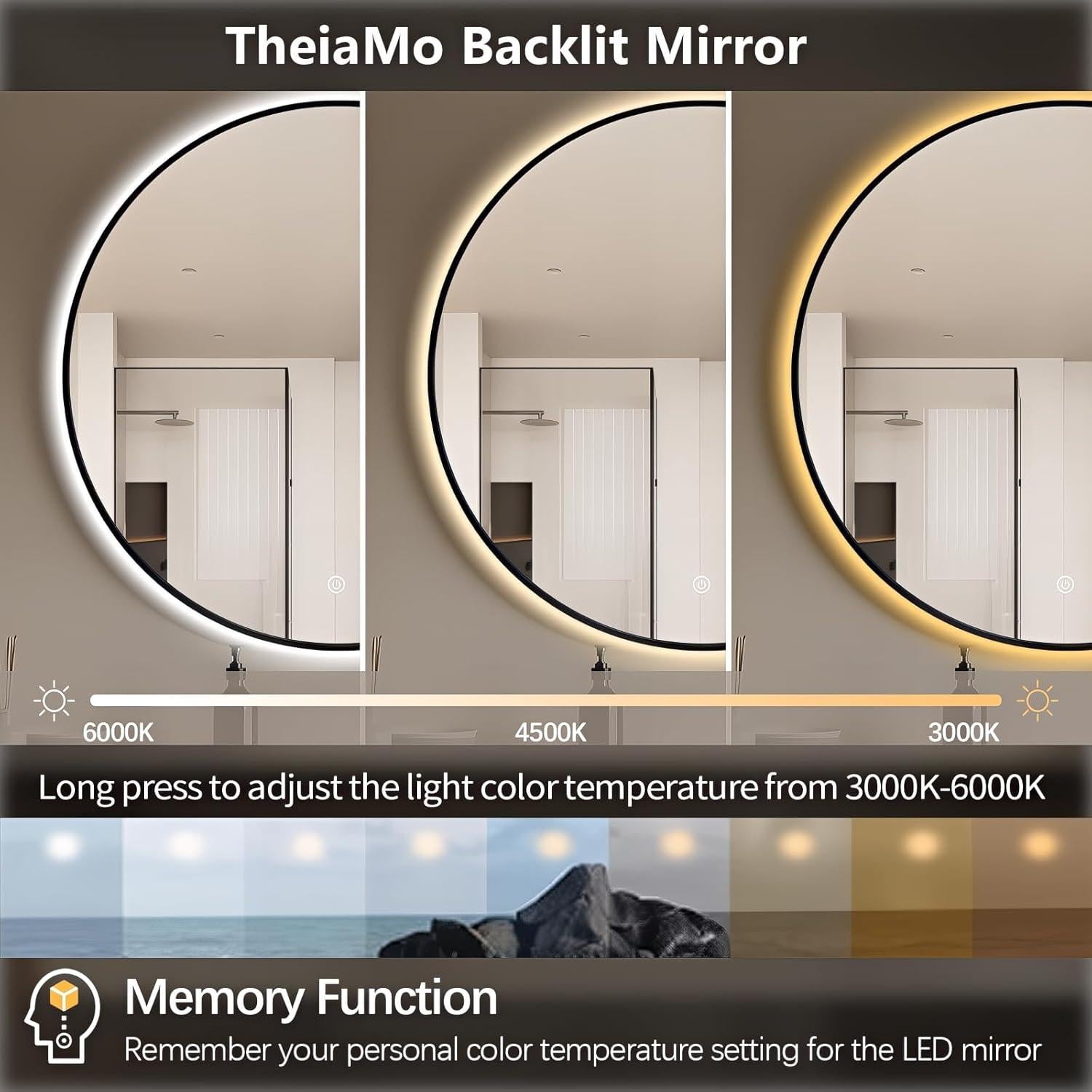 Espejo de Baño LED TheiaMo 32" Redondo Inteligente Negro