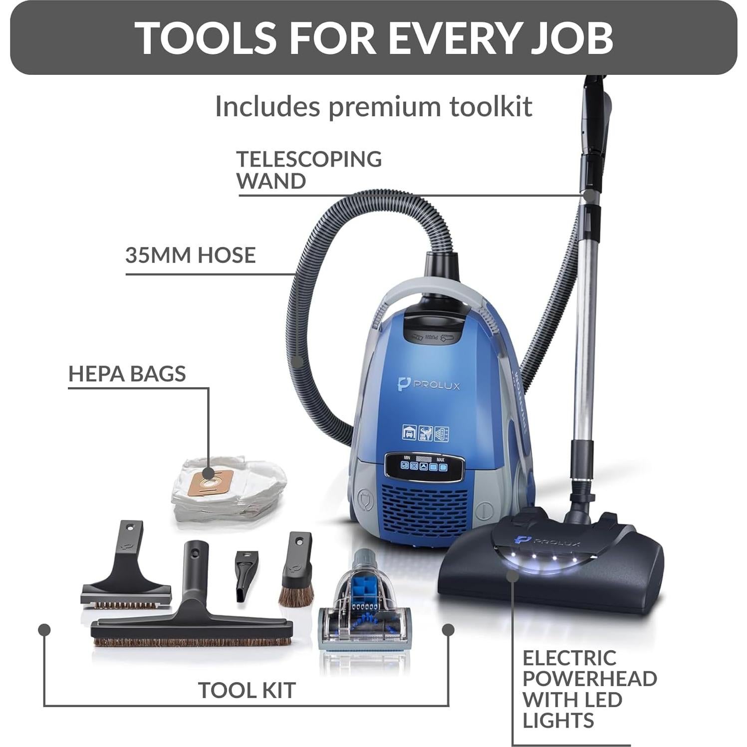 Prolux Phantom Canister Vacuum Cleaner with Wessel Werk EBK360 Power Nozzle, Lightweight, Powerful, H12 HEPA Filter Easy Suction Adjustment, Perfect for Quick and Efficient Cleaning