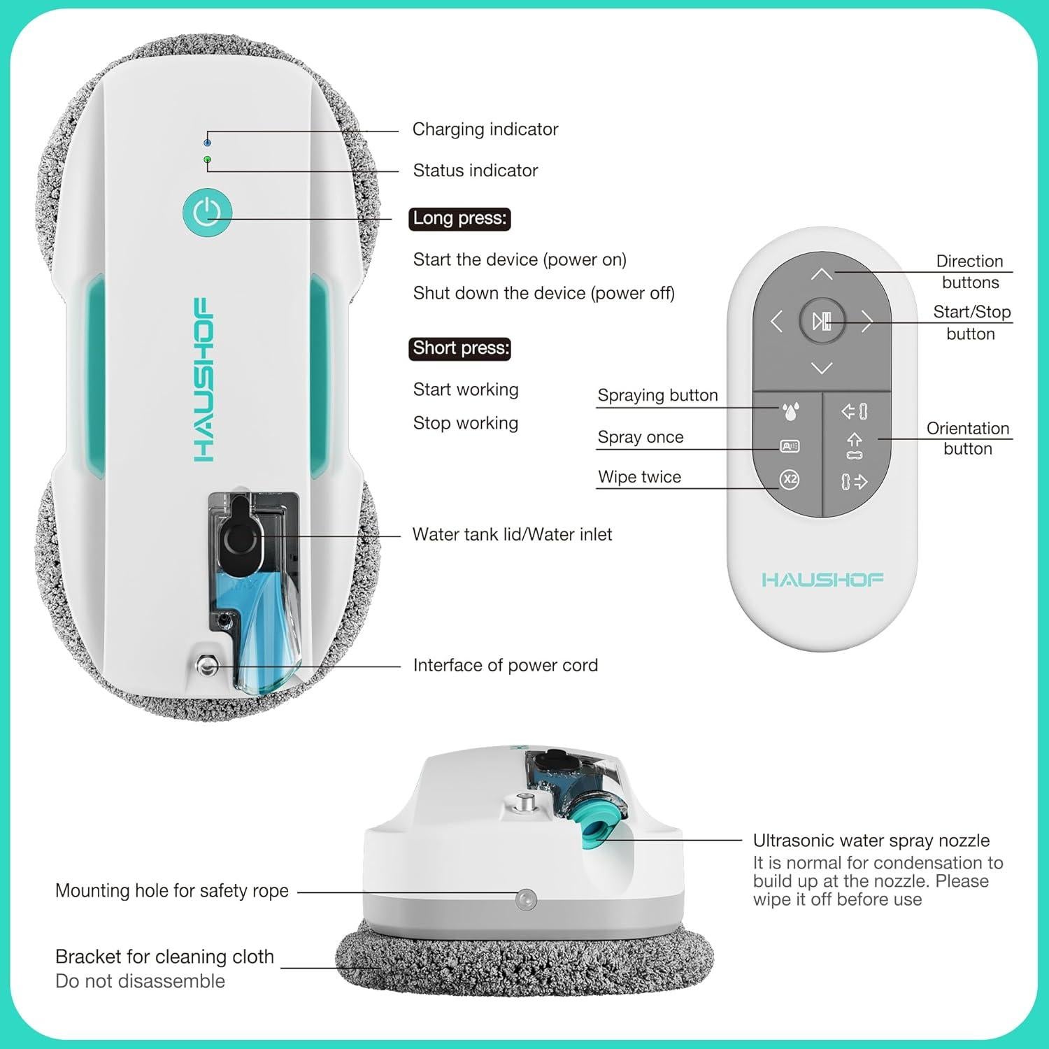 Robot Limpiador de Ventanas HAUSHOF 3800Pa con Control Remoto