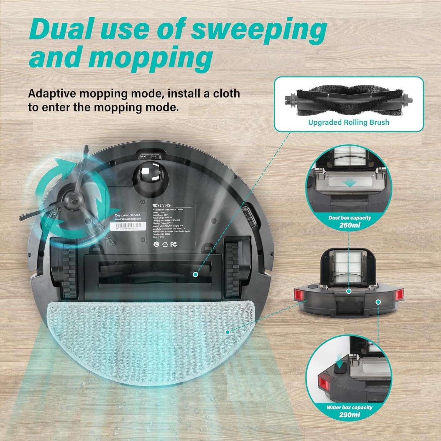 Xcity Robot Vacuum and Mop Combo, 4000Pa Suction Robot Vacuum Cleaner with Water Tank & Dustbin, Self-Charging Smart Vacuum Compatible with App, Ideal for Pet Hair, Hard Floors & Carpet
