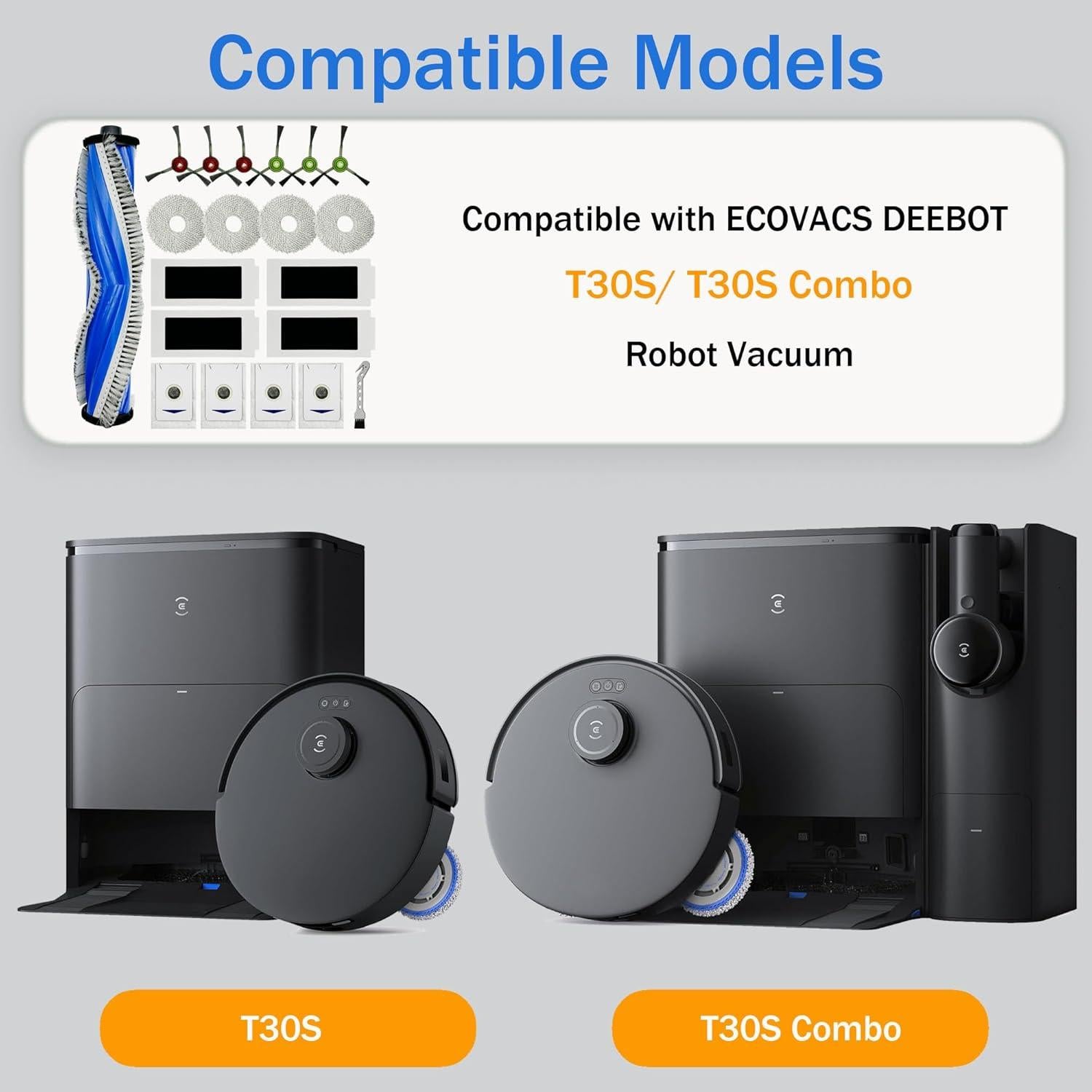 Accessories Kit for ECOVACS DEEBOT T30S / T30S Care / T30S AI Care/Yeedi M12 PRO+ Robot Vacuum Robot Vacuum and Mop, Main Brush, Side Brushes, HEPA Filters, Mop Pads, Dust Bags Replacement Parts