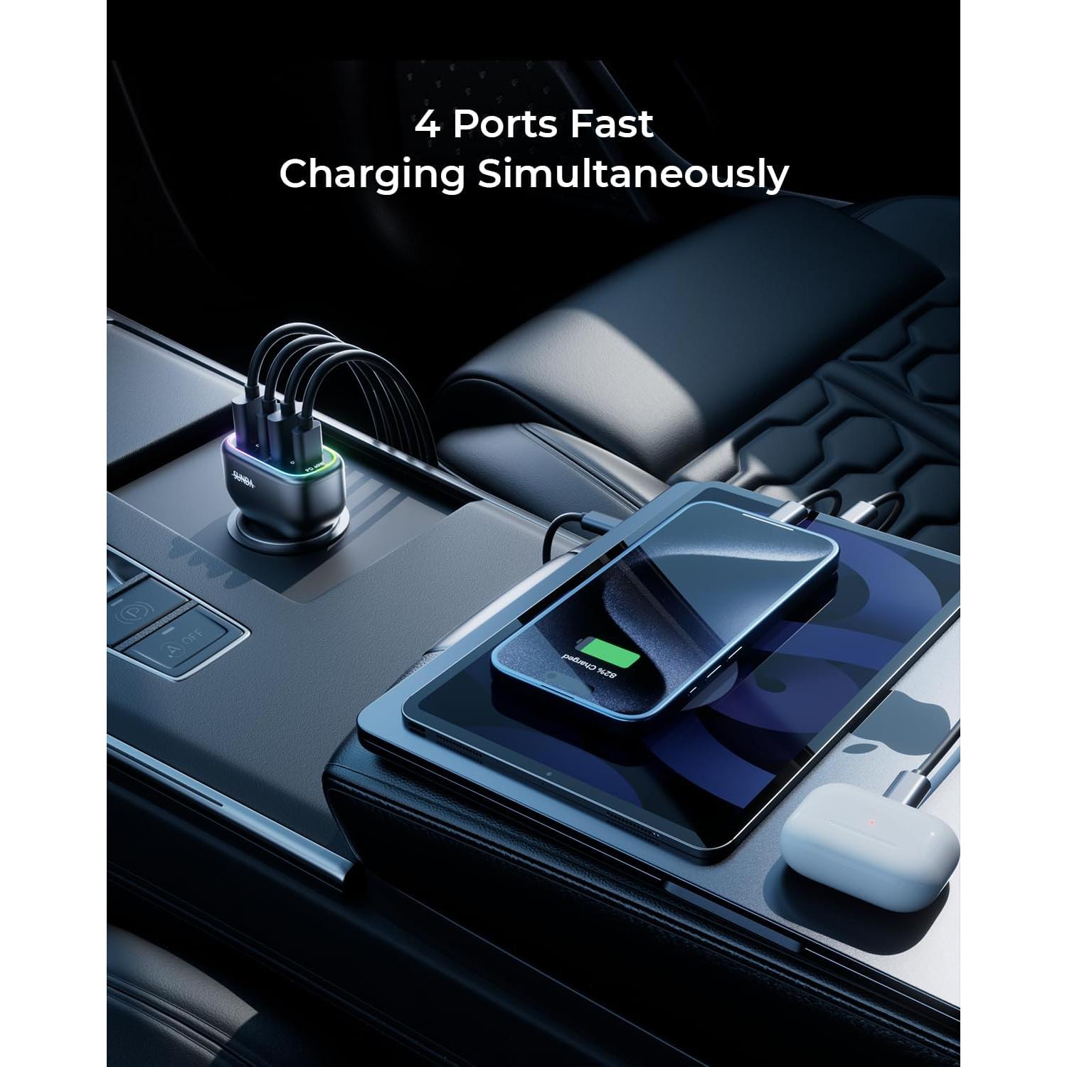 Cargador de Coche USB C SUNDA 126W 4 Puertos Carga Rápida