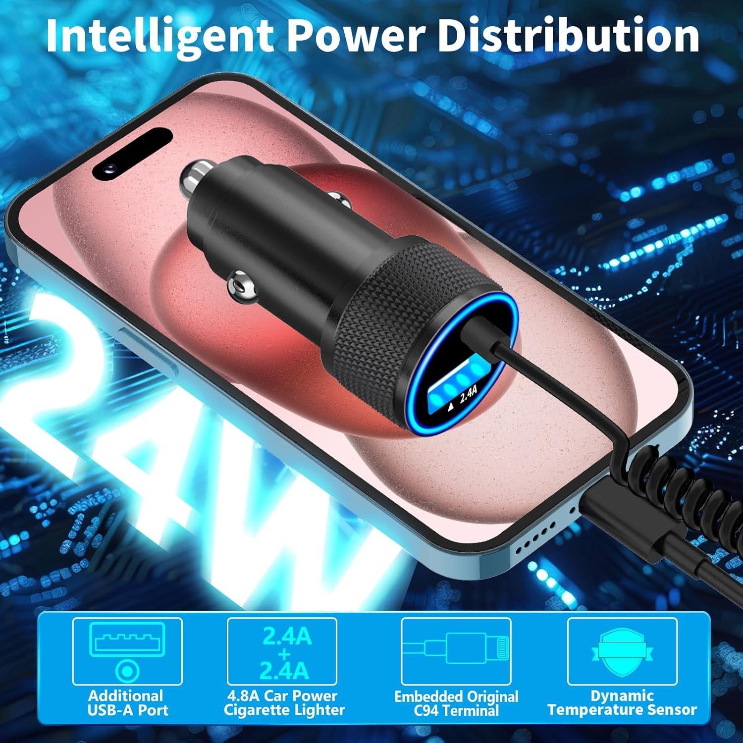 Cargador de Coche USB Linocell 4.8A + Cable Lightning 1.8m