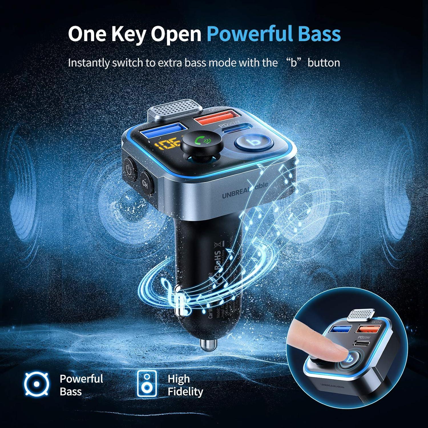 Transmisor FM Bluetooth 5.3 UNBREAKcable para coche, PD 20W