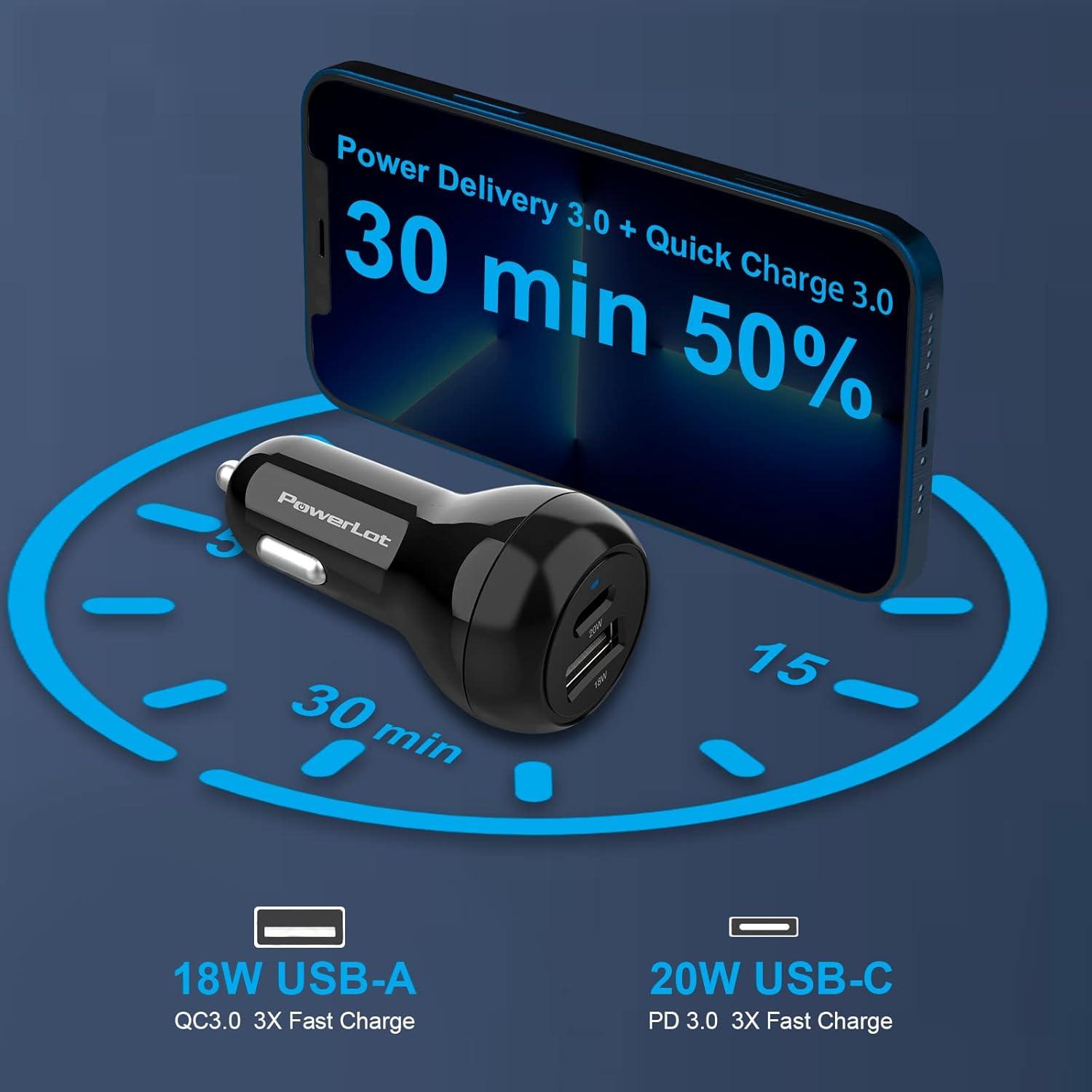 Cargador de Coche USB-C PowerLot 38W 2 Puertos Carga Rápida