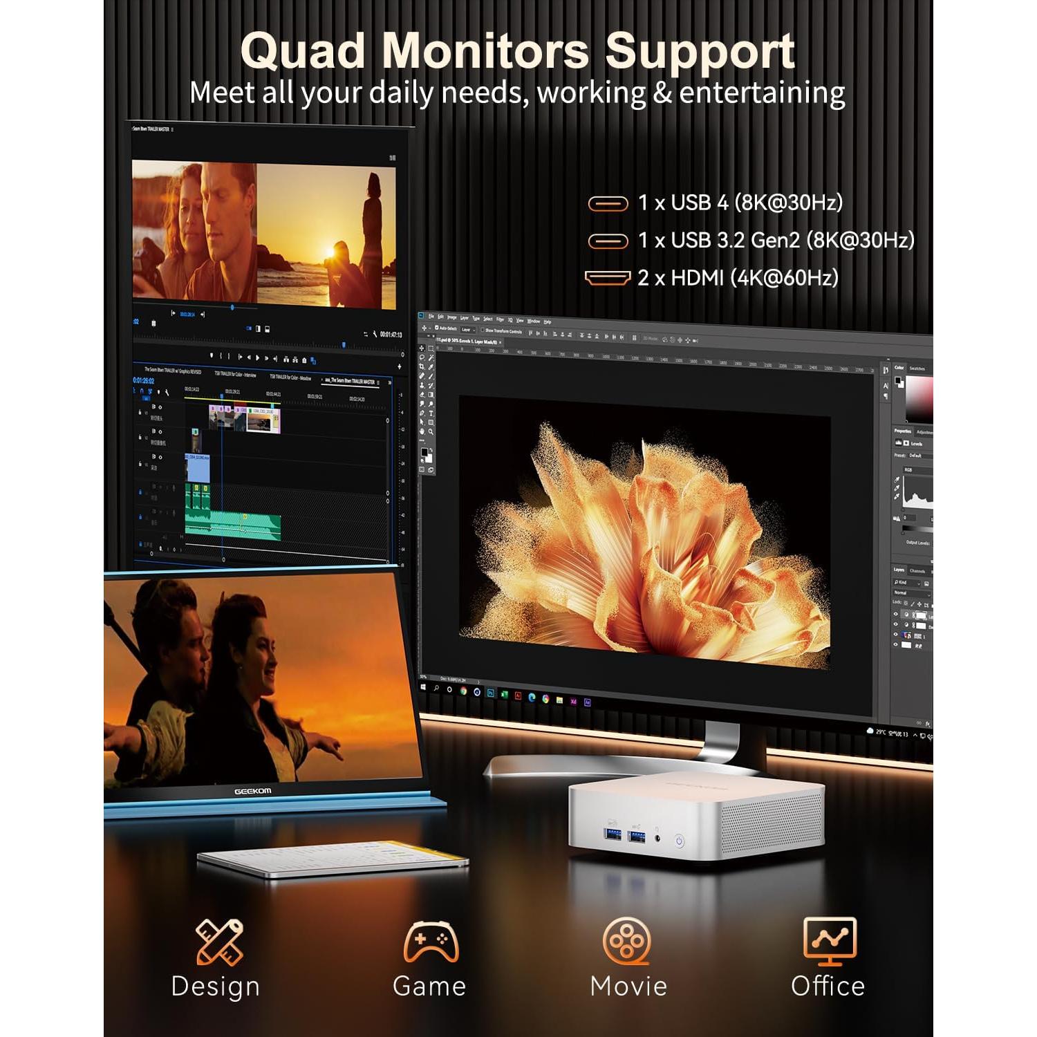 Mini PC GEEKOM A7, Ryzen 9 7940HS, 32GB RAM, 2TB SSD