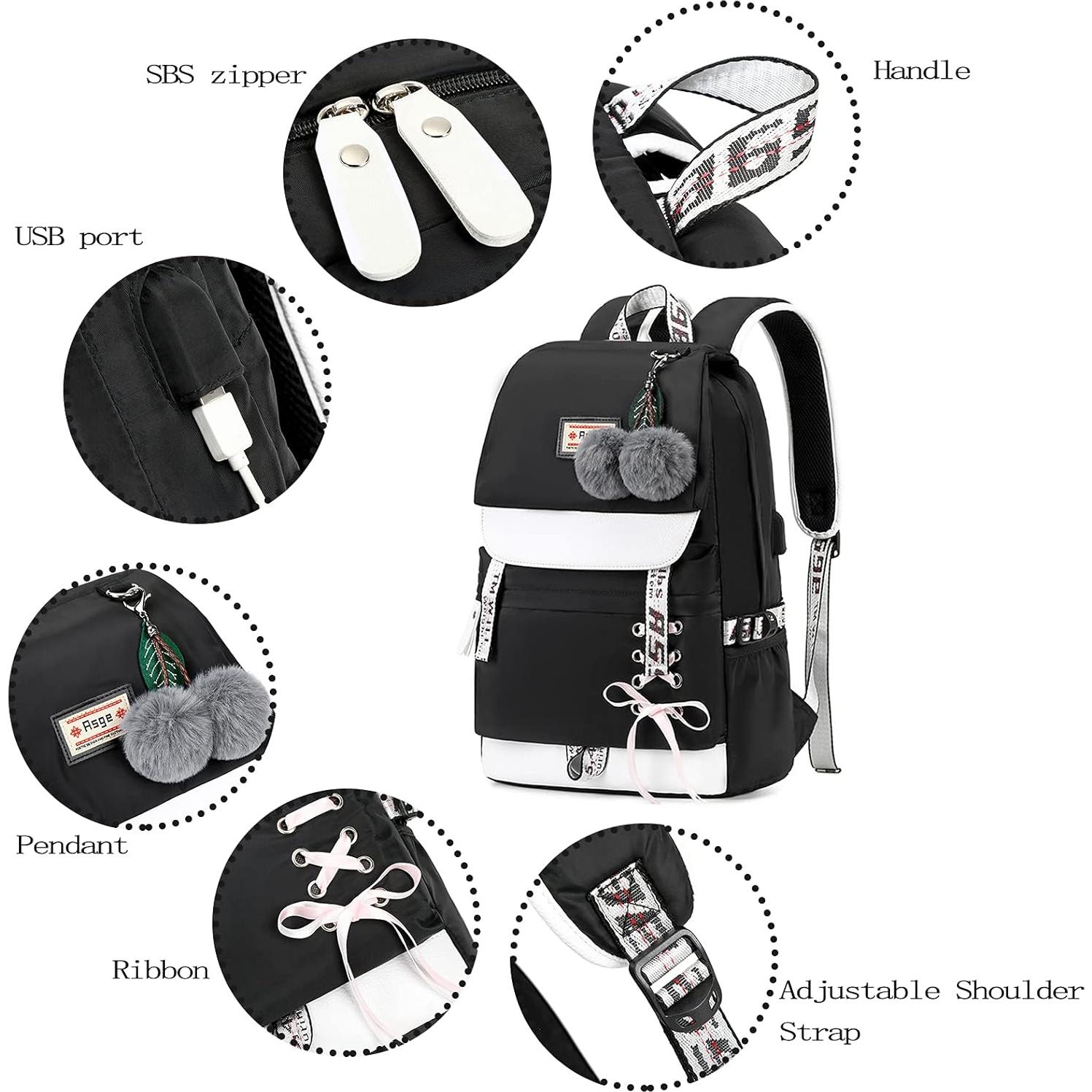 Mochila Escolar Asge para Niñas 22L Ergonómica Negra