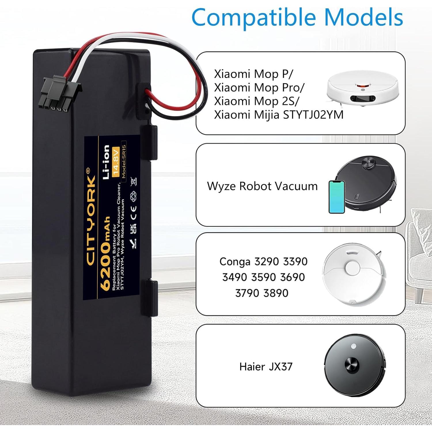 Replacement Battery for Wyze Robot WVCR200S Vacuum, for Xiaomi STYTJ02YM, Xiaomi Mop P/Mop Pro/Xiaomi Mop 2S, Haier JX37, Yunmi MVVC01-G Pro, Conga 3290 3390 3490 Vacuum Cleaner, 14.8V