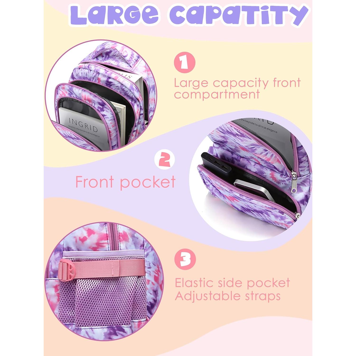 Mochila Escolar BLUEFAIRY para Niñas 25L Púrpura Tie-dye