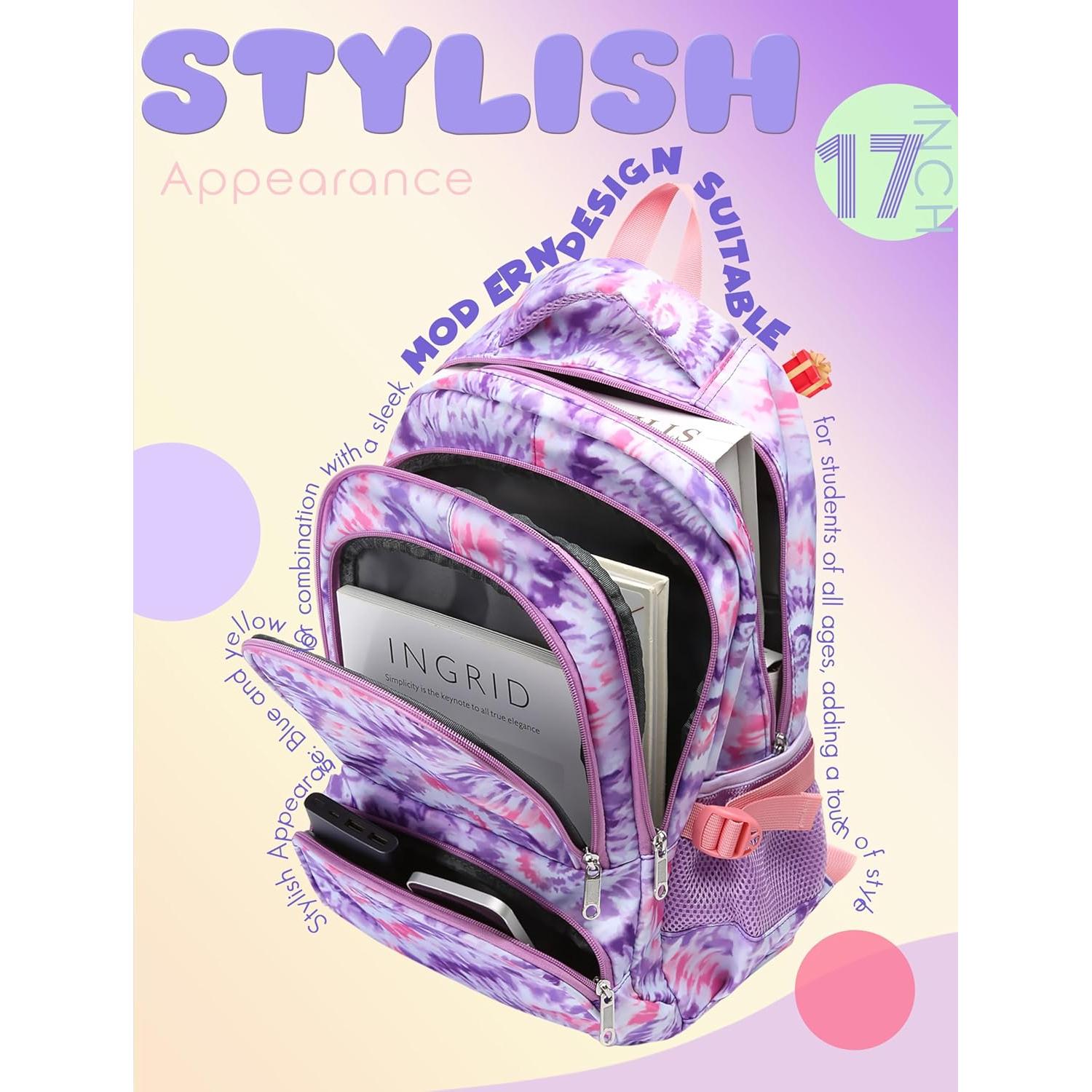 Mochila Escolar BLUEFAIRY para Niñas 25L Púrpura Tie-dye