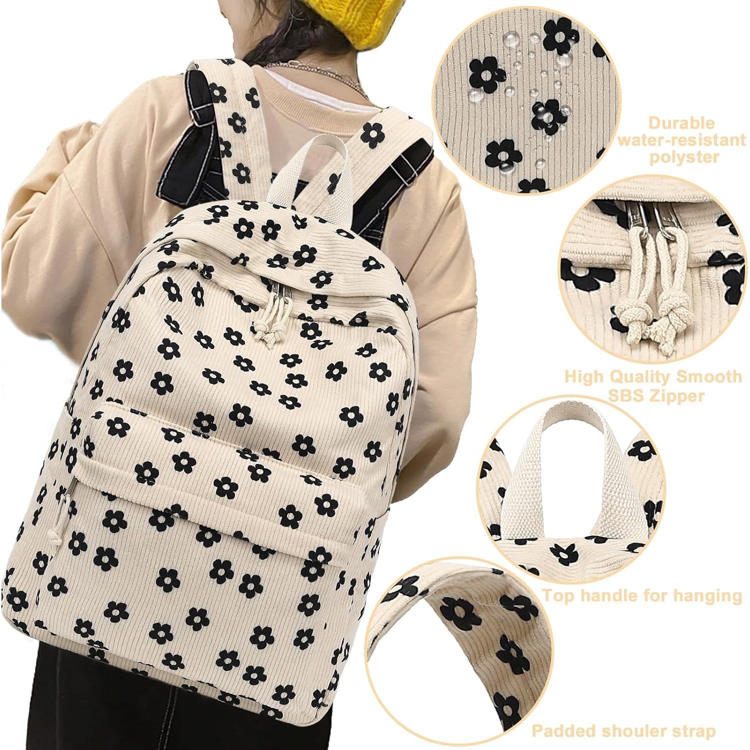 Mochila Escolar Bluboon Terciopelo Floral Beige 44x34x16cm