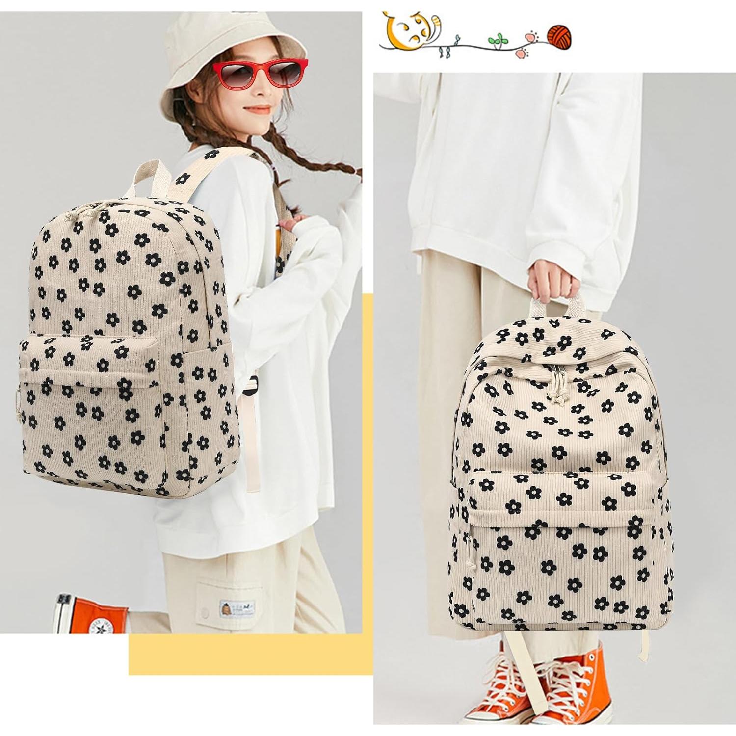 Mochila Escolar Bluboon Terciopelo Floral Beige 44x34x16cm