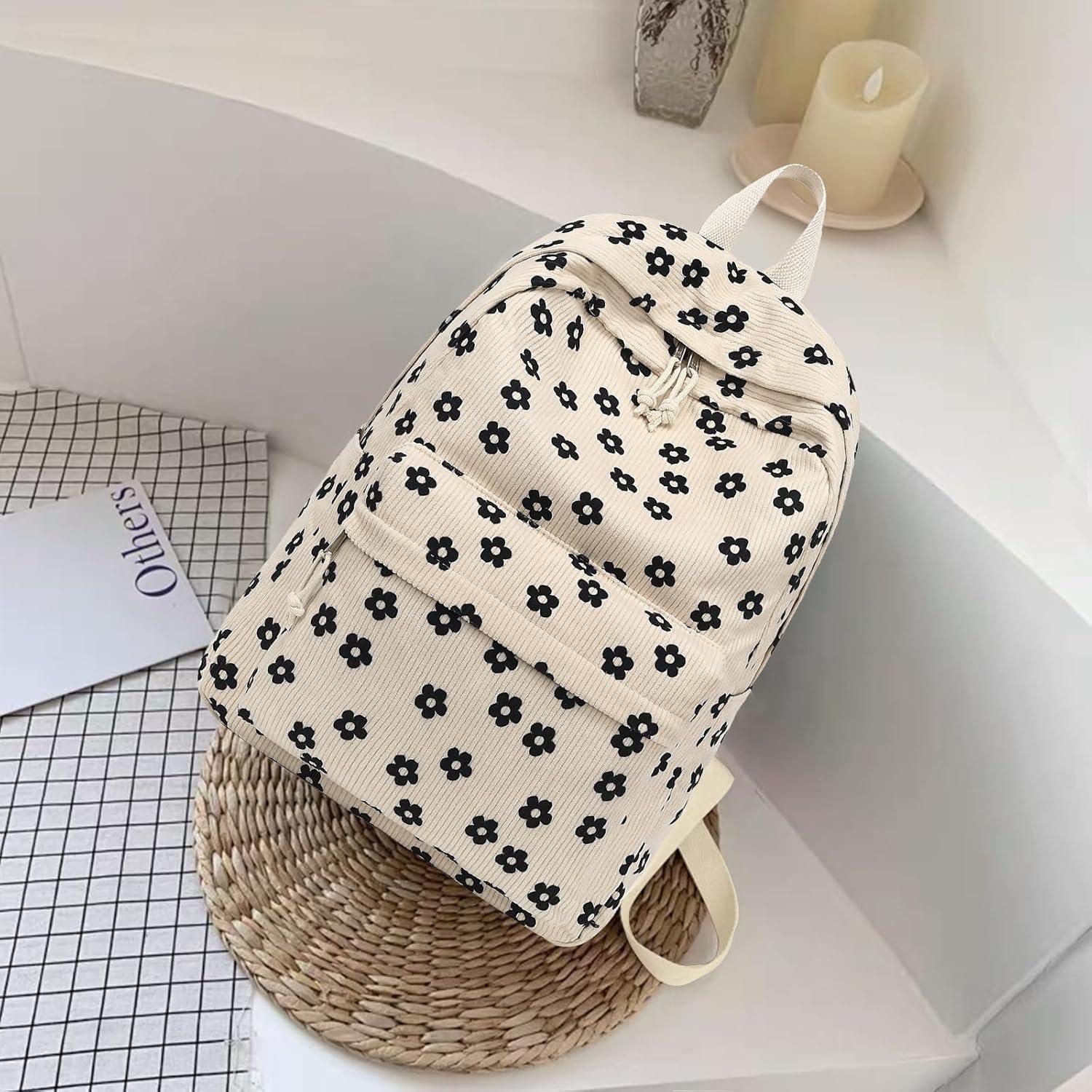 Mochila Escolar Bluboon Terciopelo Floral Beige 44x34x16cm