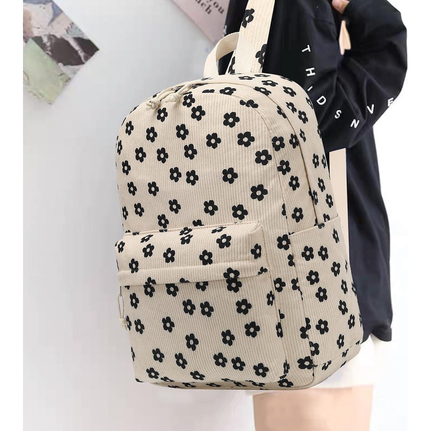 Mochila Escolar Bluboon Terciopelo Floral Beige 44x34x16cm