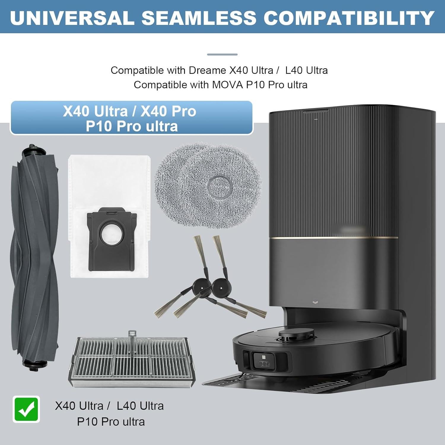 Kit de Repuestos para Aspiradora Robot Dreame X40 Ultra - 2 Cepillos, 6 Filtros, 6 Bolsas, 6 Paños