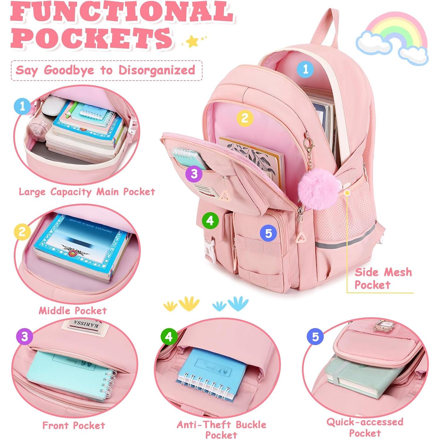 Mochila Kawaii Rosa MUSEVOS para Niñas con Múltiples Bolsillos