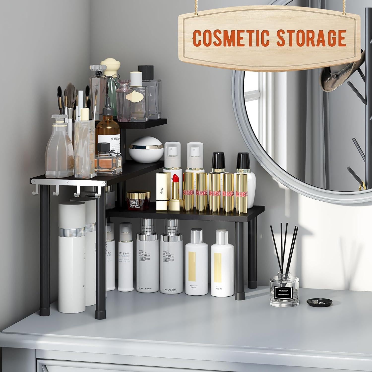 Estante de Esquina GHWIE de 3 Niveles en Bambú Negro