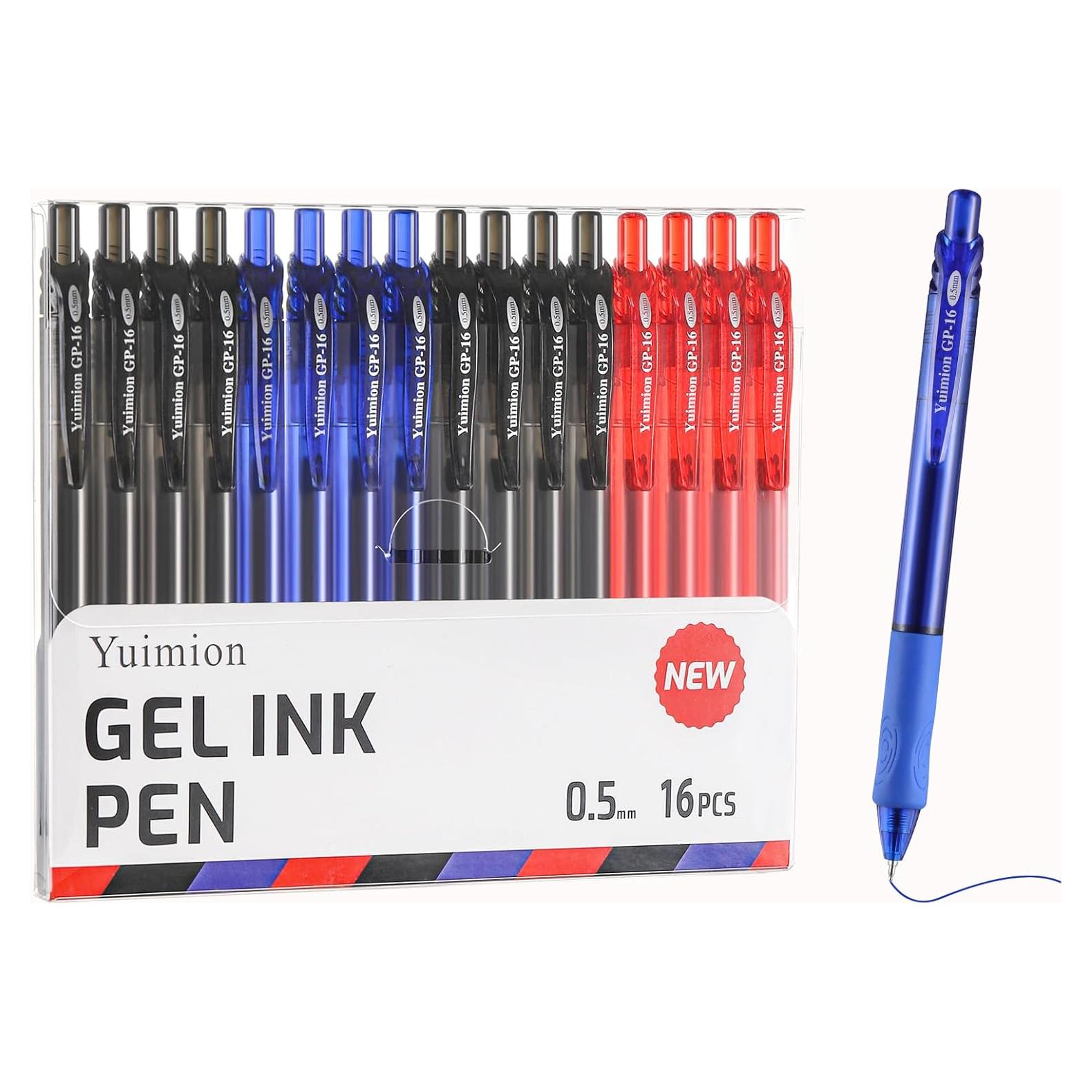 Set de 16 Bolígrafos de Gel Retráctiles Yuimion 0.5mm Tinta Negra, Roja y Azul