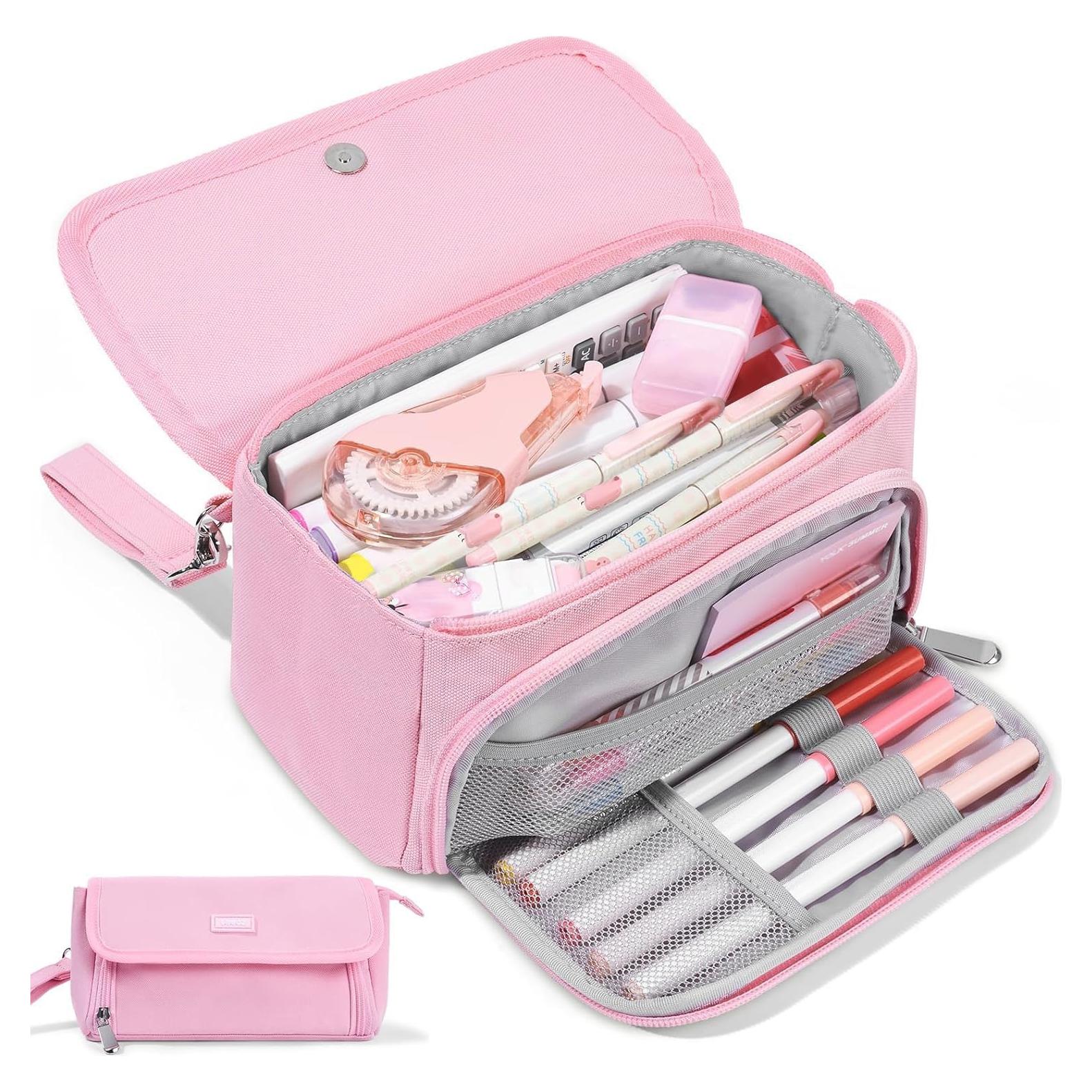 Sooez Super Large Pencil Case, Big Capacity Pencil Bag with 3 Compartments, Hold 200 pencils, Cute Pencil Pouch with Zipper, Portable Stationery Pen Bag, Aesthetic School Supplies For Girls, Pink