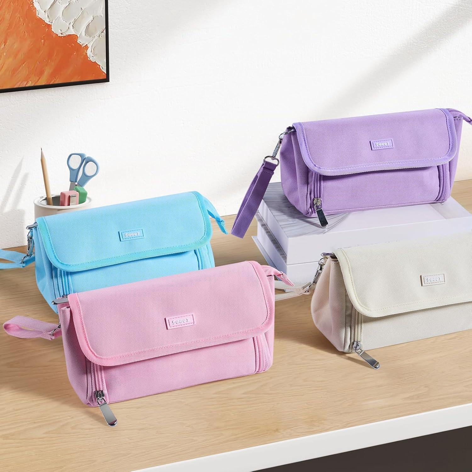 Sooez Super Large Pencil Case, Big Capacity Pencil Bag with 3 Compartments, Hold 200 pencils, Cute Pencil Pouch with Zipper, Portable Stationery Pen Bag, Aesthetic School Supplies For Girls, Pink