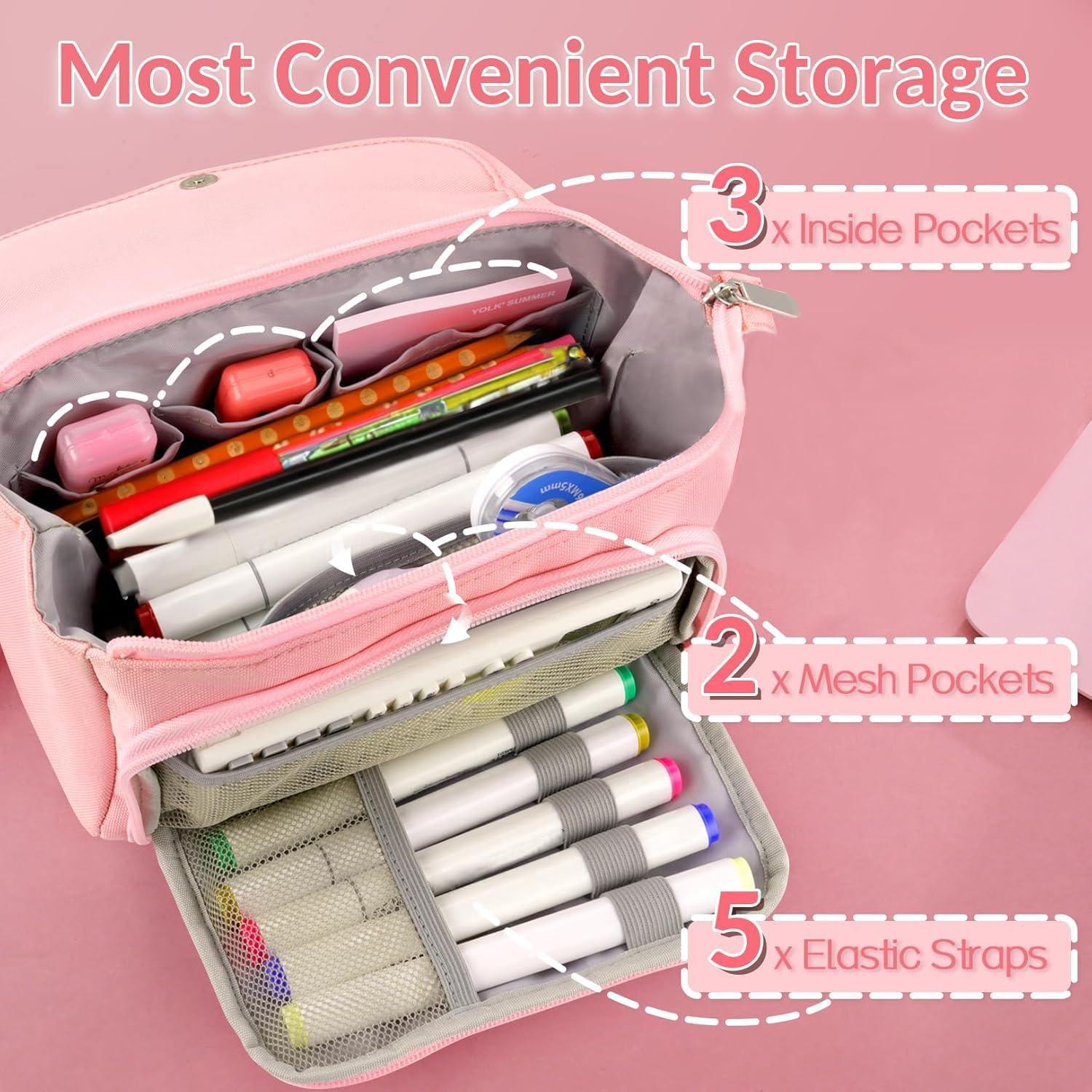 Sooez Super Large Pencil Case, Big Capacity Pencil Bag with 3 Compartments, Hold 200 pencils, Cute Pencil Pouch with Zipper, Portable Stationery Pen Bag, Aesthetic School Supplies For Girls, Pink