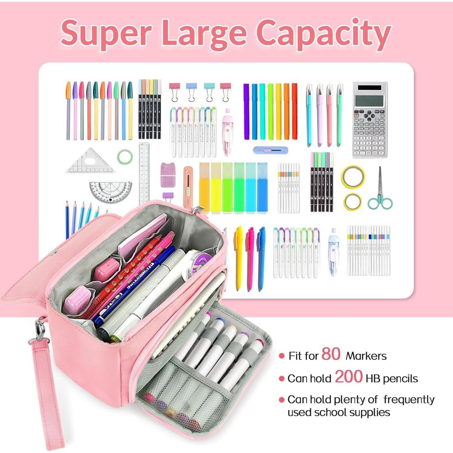 Sooez Super Large Pencil Case, Big Capacity Pencil Bag with 3 Compartments, Hold 200 pencils, Cute Pencil Pouch with Zipper, Portable Stationery Pen Bag, Aesthetic School Supplies For Girls, Pink