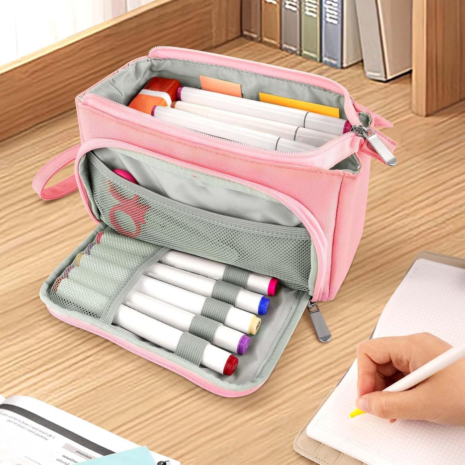 Sooez Super Large Pencil Case, Big Capacity Pencil Bag with 3 Compartments, Hold 200 pencils, Cute Pencil Pouch with Zipper, Portable Stationery Pen Bag, Aesthetic School Supplies For Girls, Pink