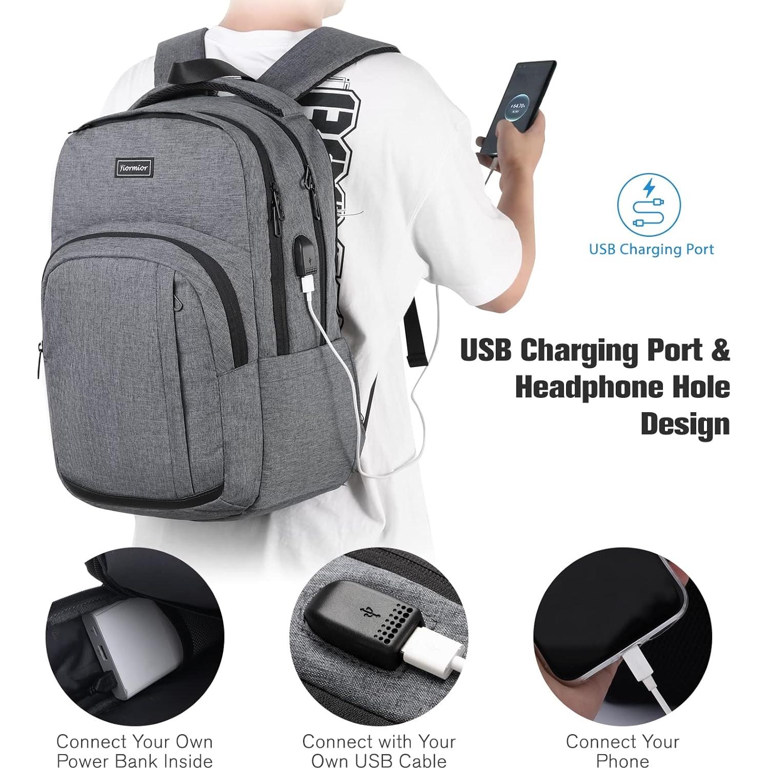 Mochila Escolar YIORMIOR Antirrobo 15.6" USB Gris Oscuro