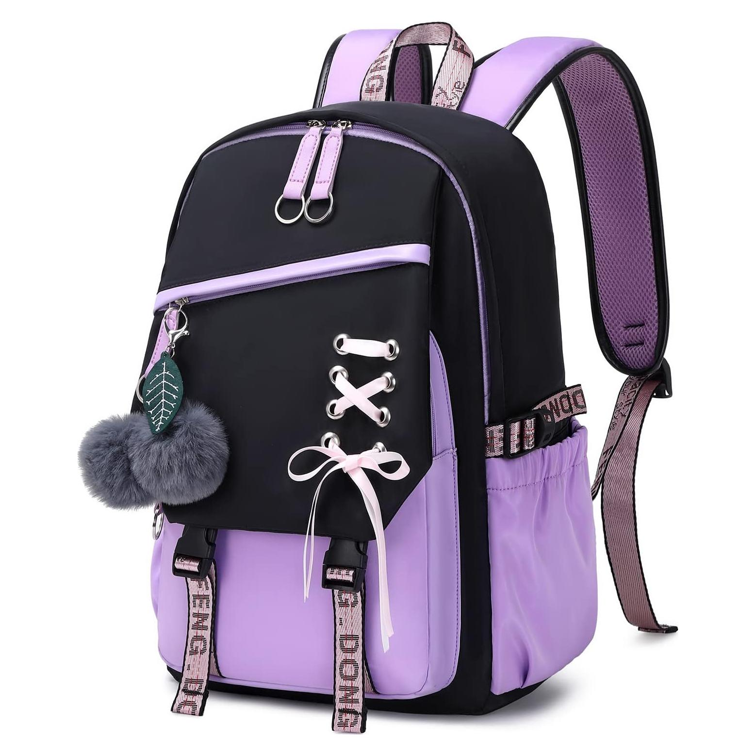 Mochila Escolar FENGDONG Negra y Púrpura 30L para Niñas