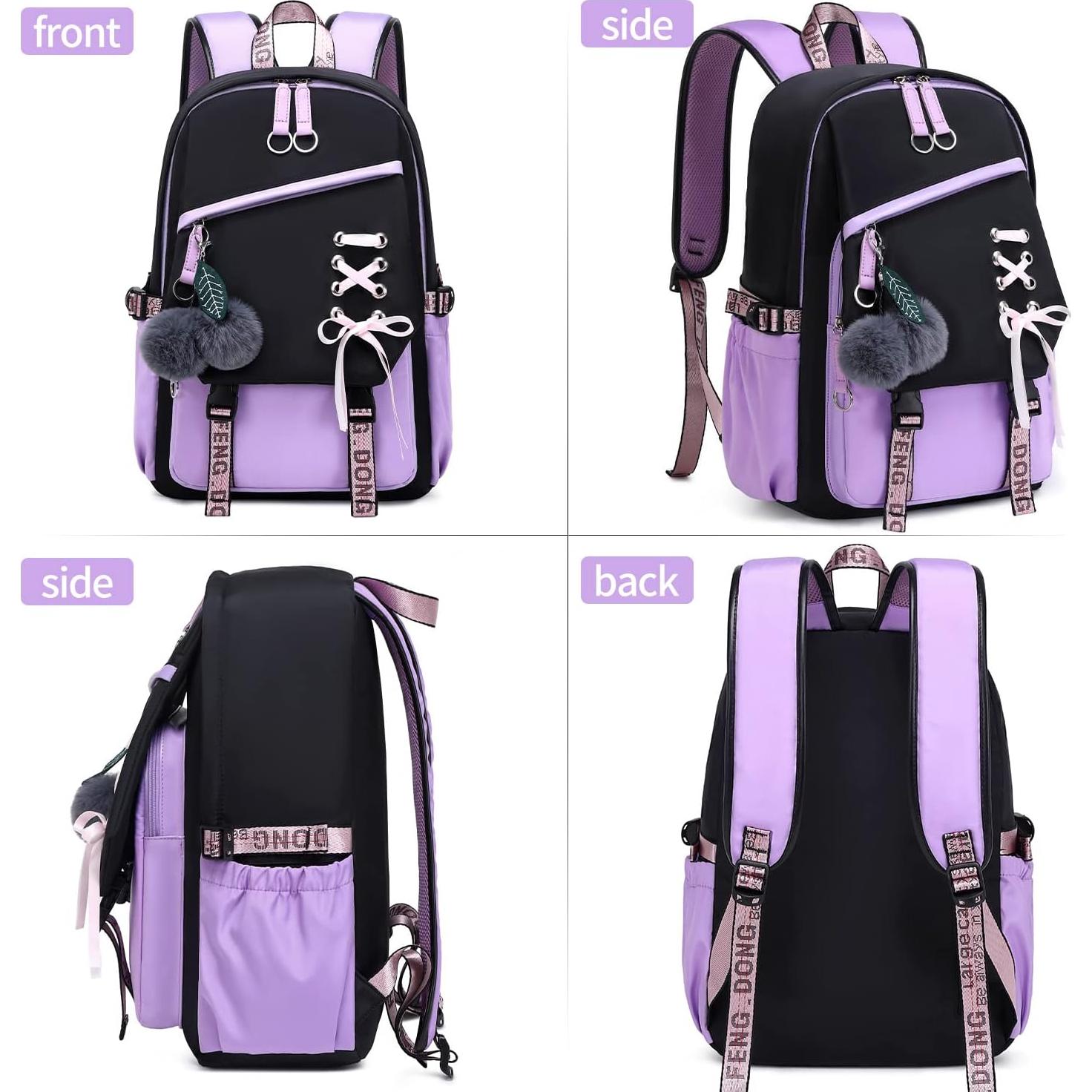 Mochila Escolar FENGDONG Negra y Púrpura 30L para Niñas