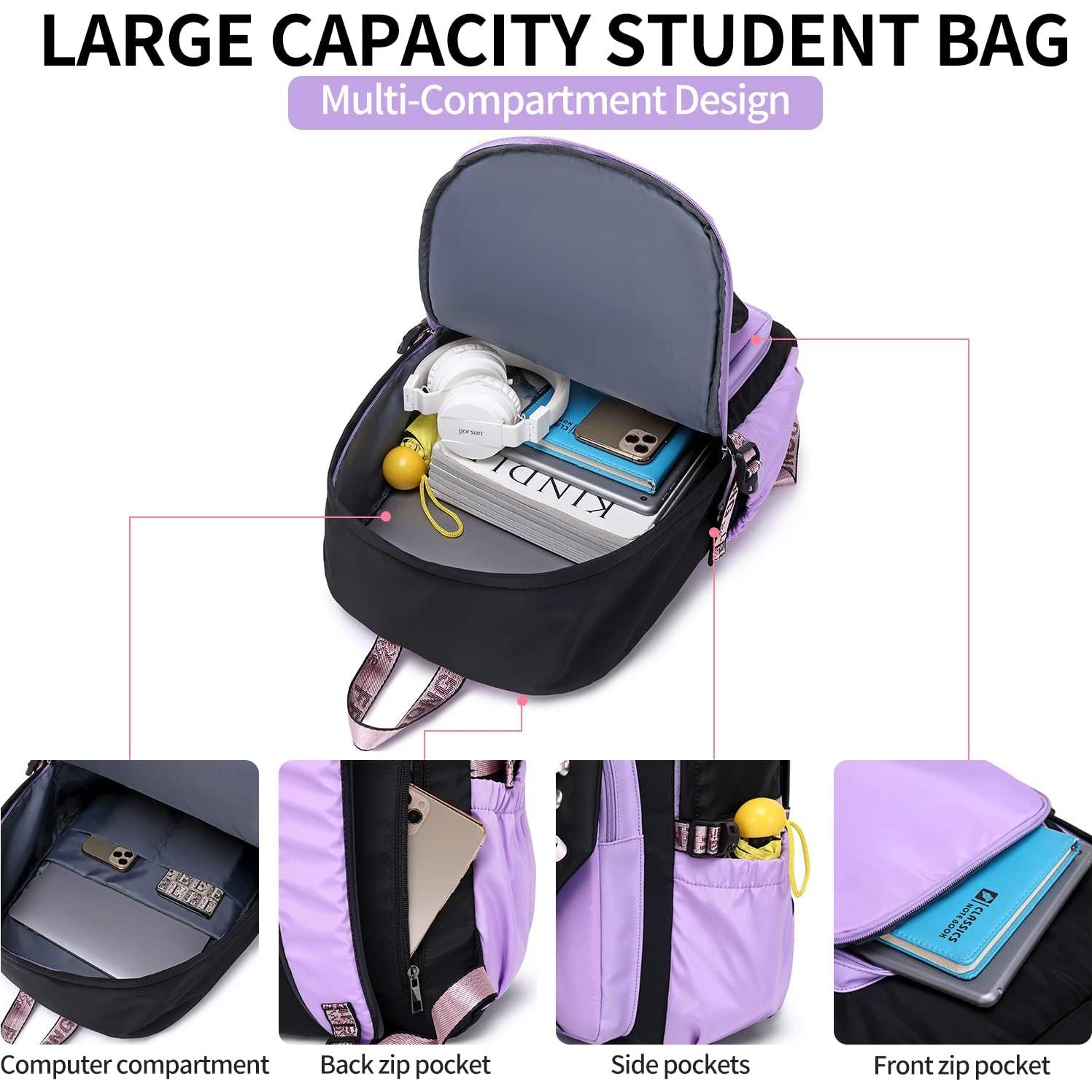 Mochila Escolar FENGDONG Negra y Púrpura 30L para Niñas