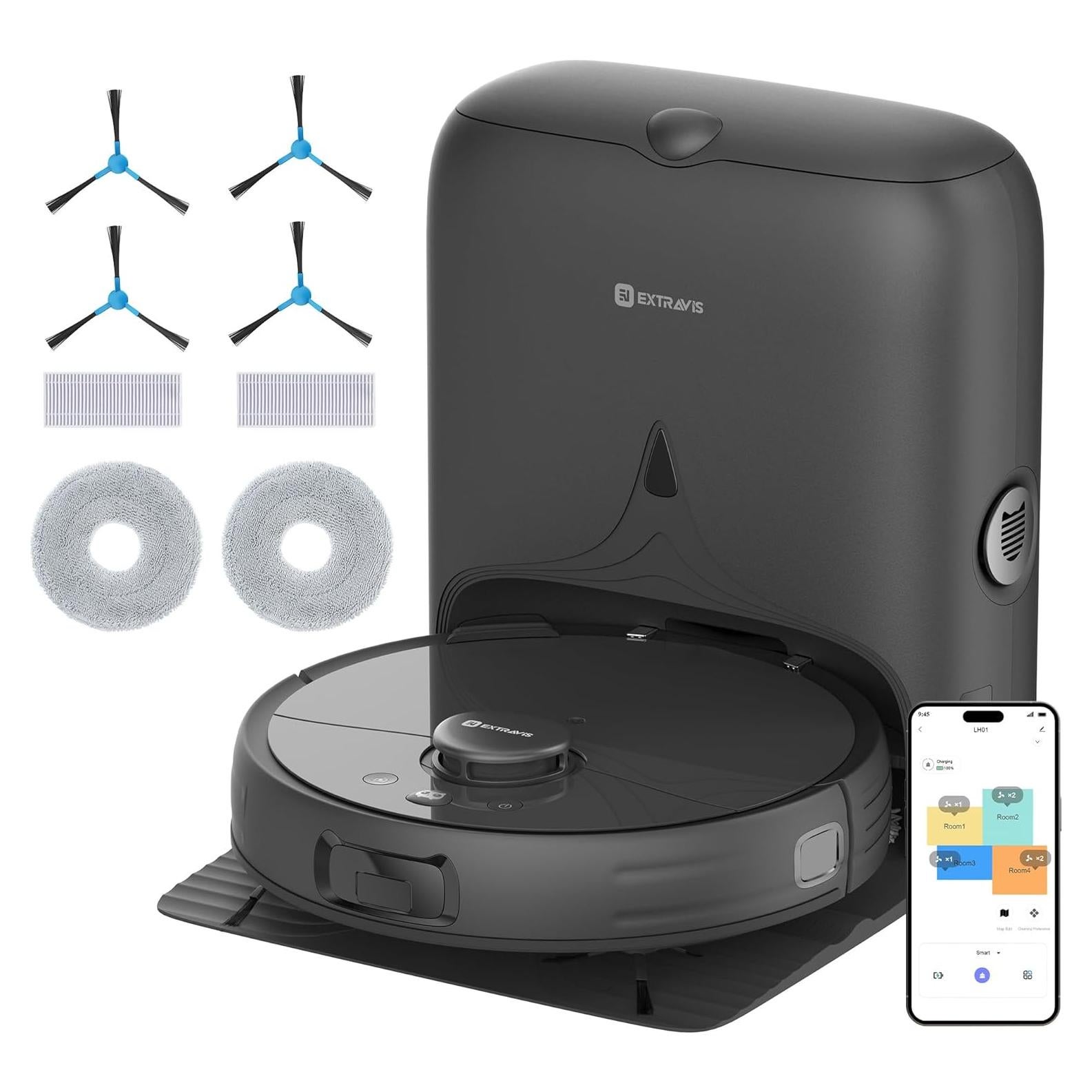 V5 Robot Vacuum and Mop with Self-Empty Base + 4 Side Brushes, 2 Mop Cloth Pads, 2 Hepa Filters