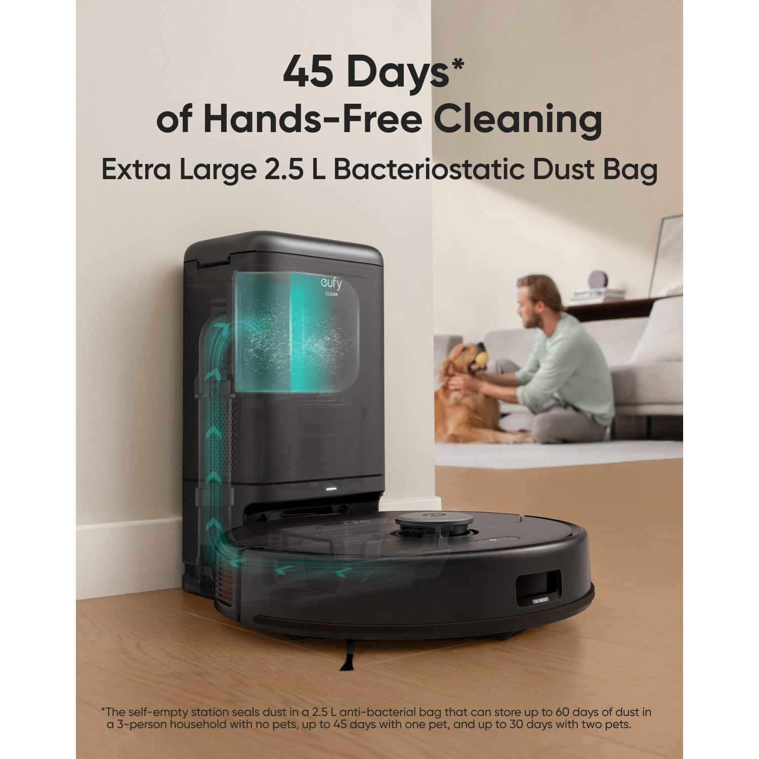 eufy Renewed X8 Pro Robot Vacuum Self-Empty Station, Twin-Turbine 2× 4,000 Pa Powerful Suction, Active Detangling Roller Brush, and iPath Laser Navigation for Pet Hair Deep Cleaning on Carpet