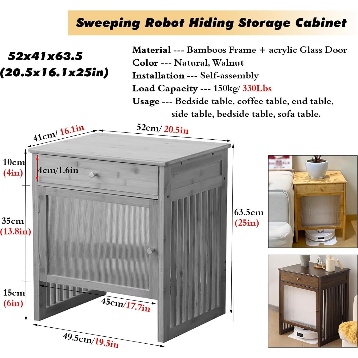 Robot Vacuum Hiding Cabinet with Acrylic Glass Door, Retro Smart Sweeper Bedside Table, Self-emptying Sweeping Robot Hidden Shelf Rack, Small Spaces Nightstand w/ Drawers(Walnut,52x41x63.5 (20.5x16.1x