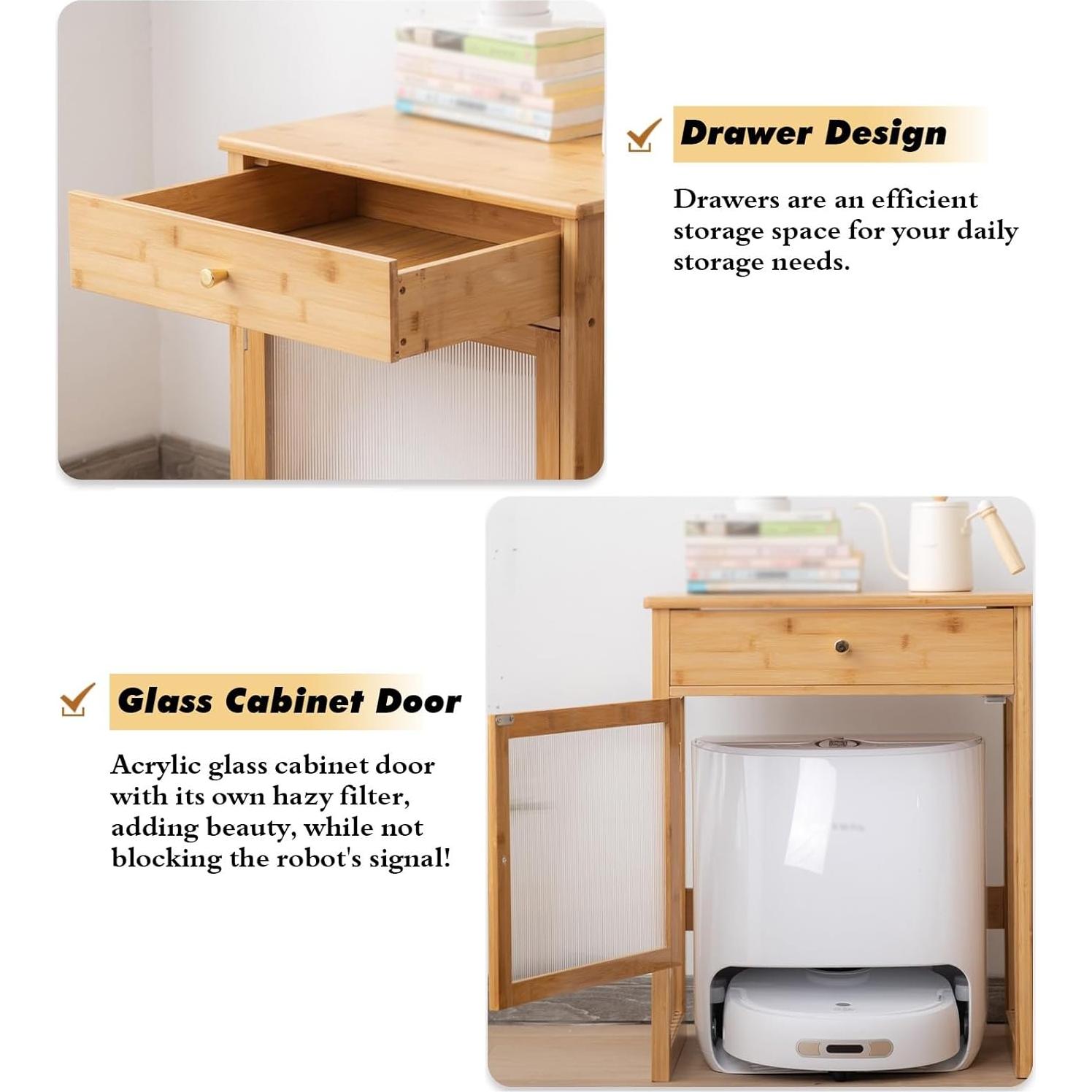 Robot Vacuum Hiding Cabinet with Acrylic Glass Door, Retro Smart Sweeper Bedside Table, Self-emptying Sweeping Robot Hidden Shelf Rack, Small Spaces Nightstand w/ Drawers(Walnut,52x41x63.5 (20.5x16.1x