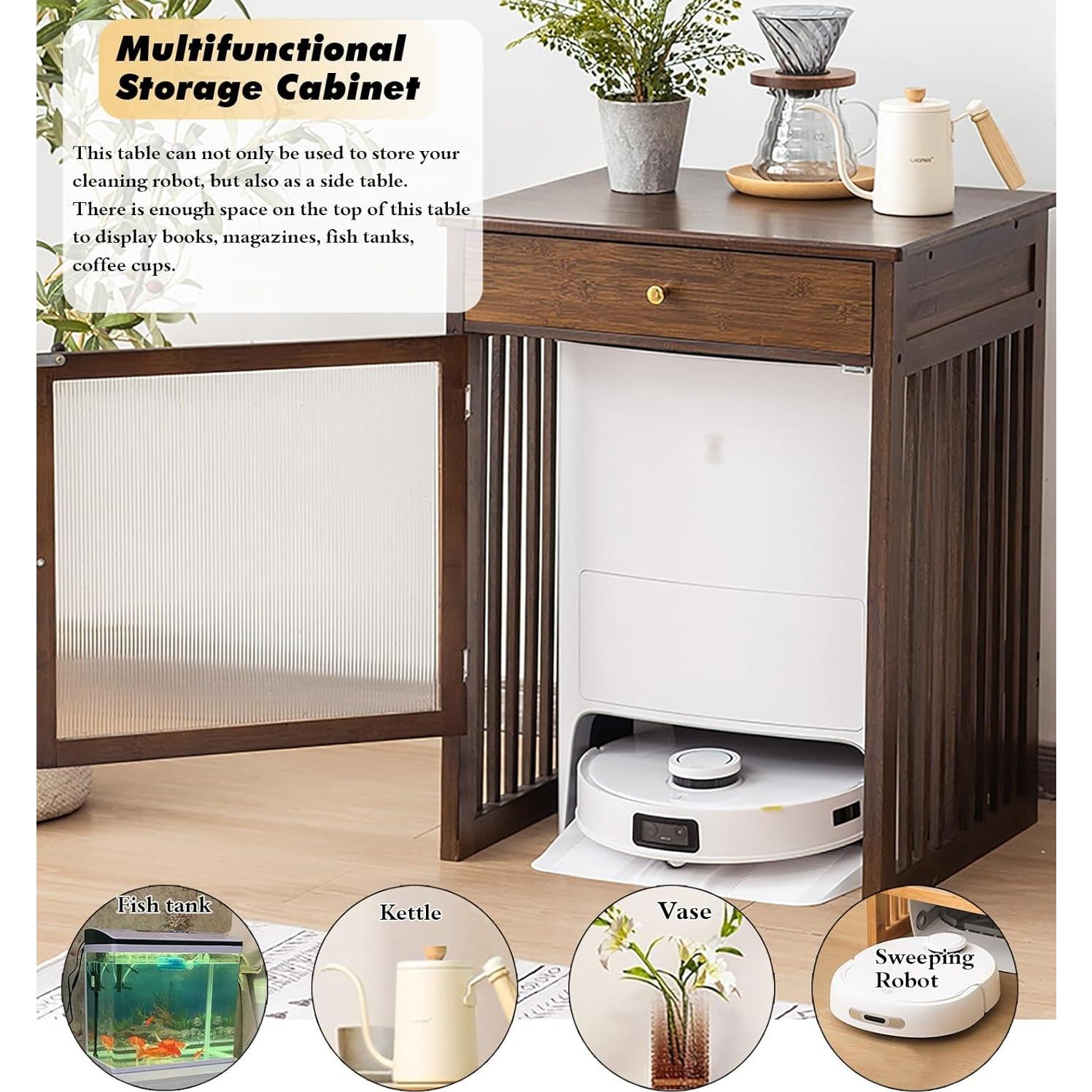 Robot Vacuum Hiding Cabinet with Acrylic Glass Door, Retro Smart Sweeper Bedside Table, Self-emptying Sweeping Robot Hidden Shelf Rack, Small Spaces Nightstand w/ Drawers(Walnut,52x41x63.5 (20.5x16.1x