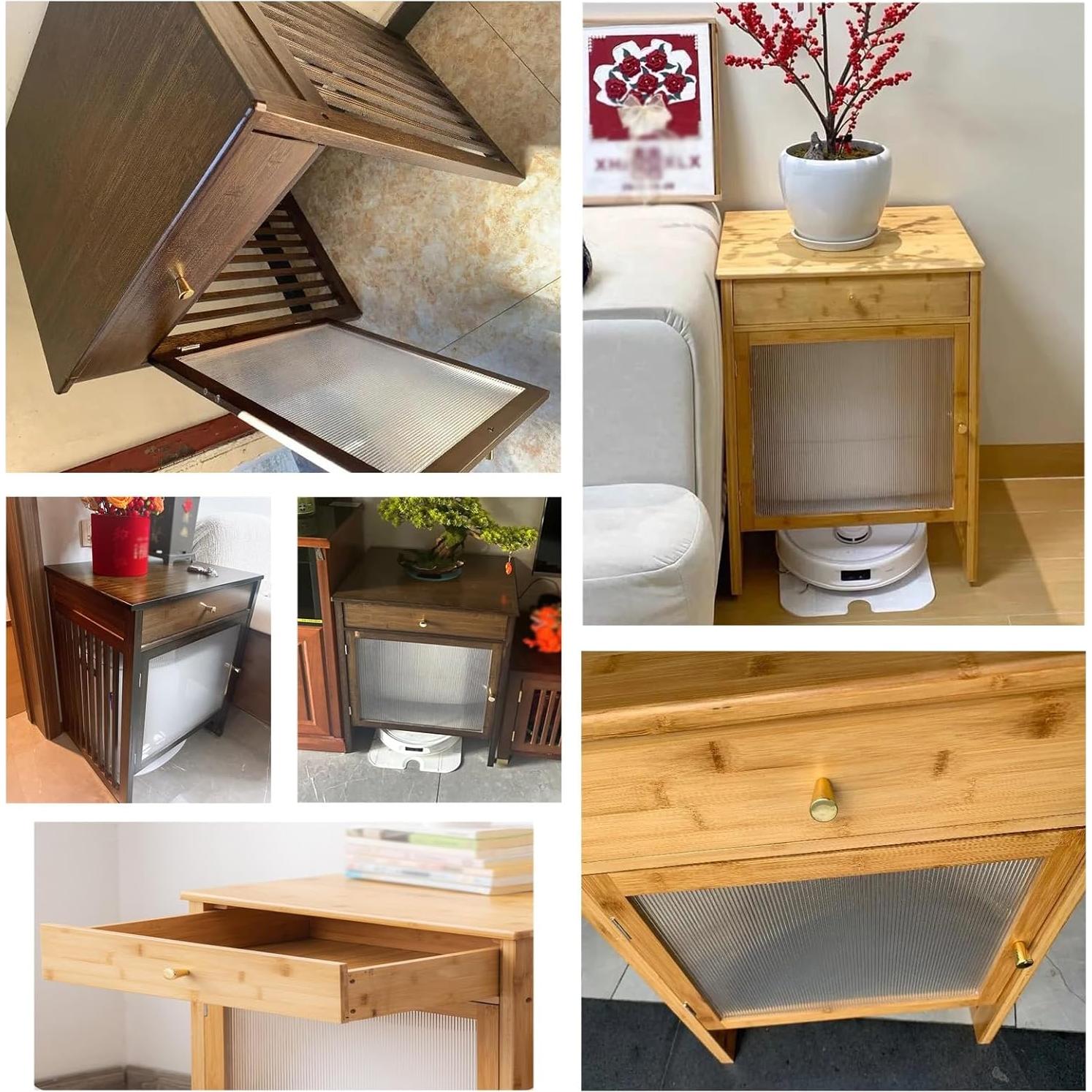 Robot Vacuum Hiding Cabinet with Acrylic Glass Door, Retro Smart Sweeper Bedside Table, Self-emptying Sweeping Robot Hidden Shelf Rack, Small Spaces Nightstand w/ Drawers(Walnut,52x41x63.5 (20.5x16.1x